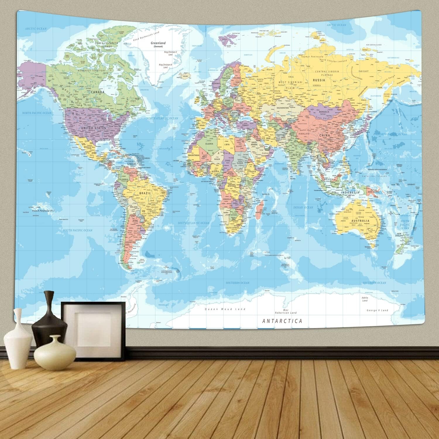 TOMOZ World Map Tapestry Wall Hanging for Kids Student, World Map with Countries and Major Cities Tapestry Educational Tapestry for Bedroom Living Room Dorm Home Decoration 80 X 60Inch