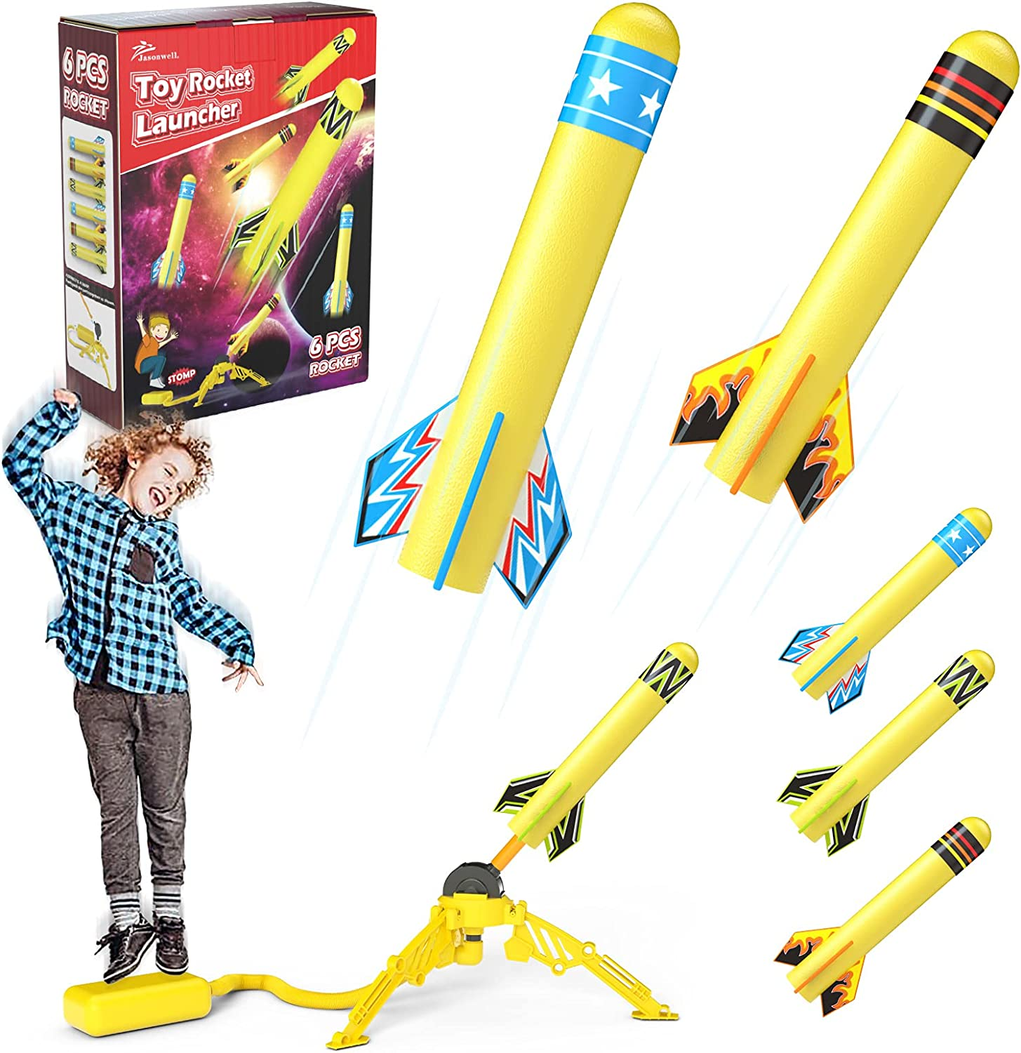 Jasonwell Toy Rocket Launcher for Kids Sturdy Stomp Launch Toys Fun Outdoor Toy for Kids Boys and Girls Age 5 6 7 8 9 10 Years Old with 6 Foam Rockets Gift