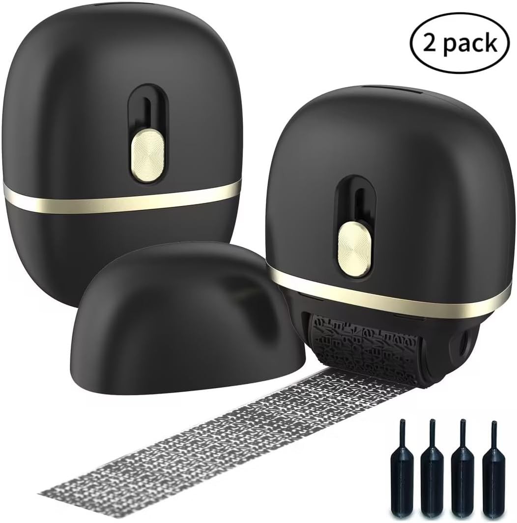 Lomil Identity Protection Roller Stamps 2 Pack – Wide Identity Theft Protection Stamp for ID Blockout with 4 Refills – Privacy Confidential and Address Blocker(Black)