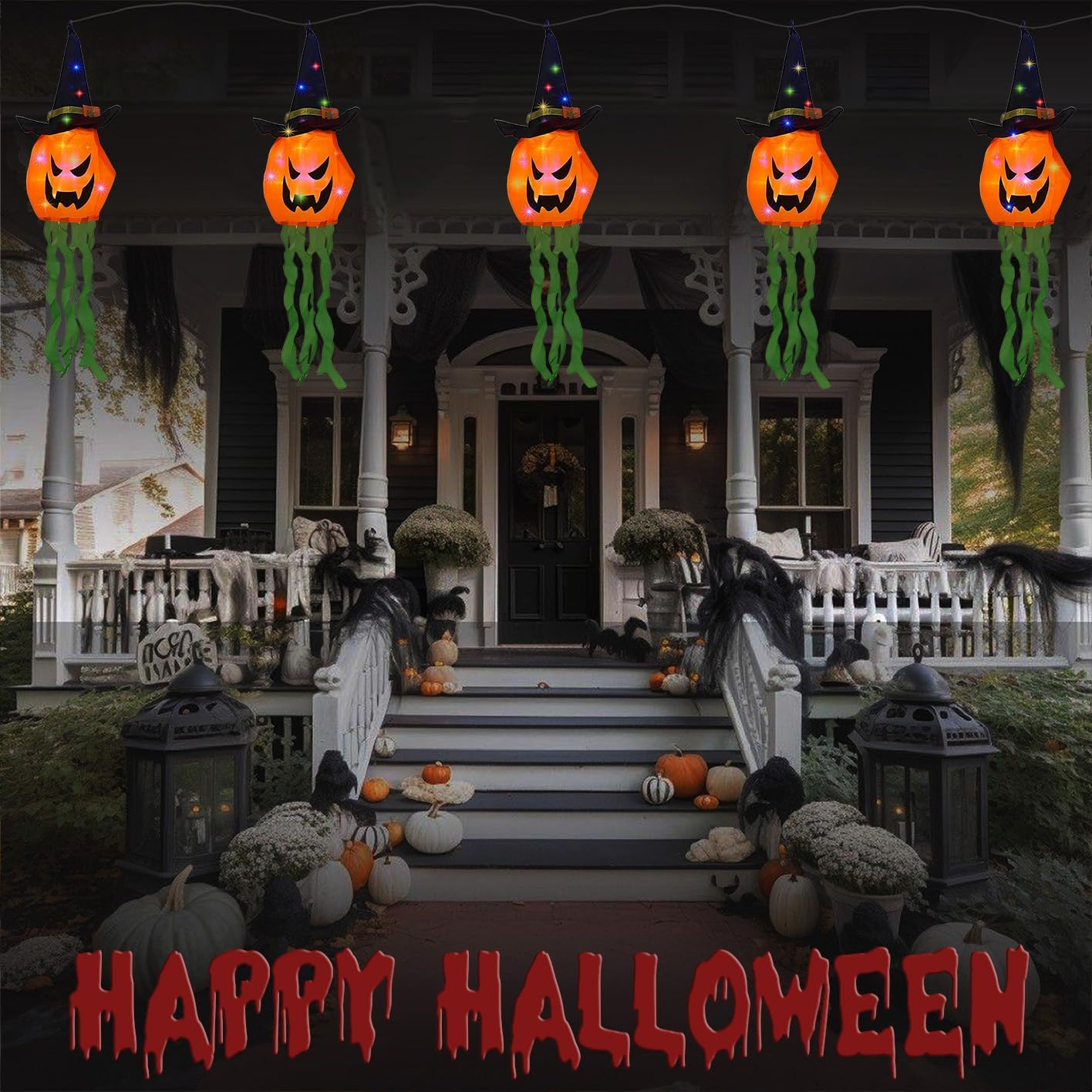 Handieres Solar Halloween Decorations Ghost Pumpkin 5 Pack 50 LED String Lights for Hallway Garden Yard Lawn Porch Tree Outdoor Suspend Terror Decor (Pumpkin Multi-Color LED)