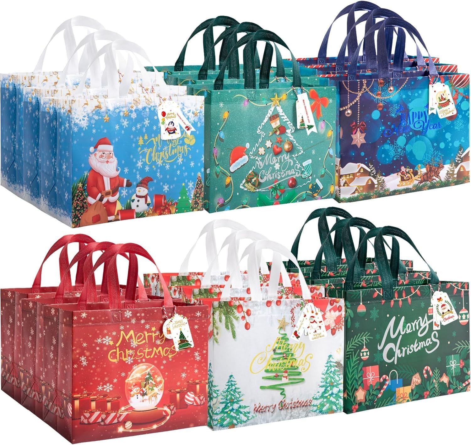 18Pcs Gift Bags with Tags, Large Gift Bags Reusable Shopping Bags Have Santa Claus Christmas Tree “Merry Christmas” ​Pattern of Gift Bag for Christmas Party, 32.5 X 25 X 17 Cm