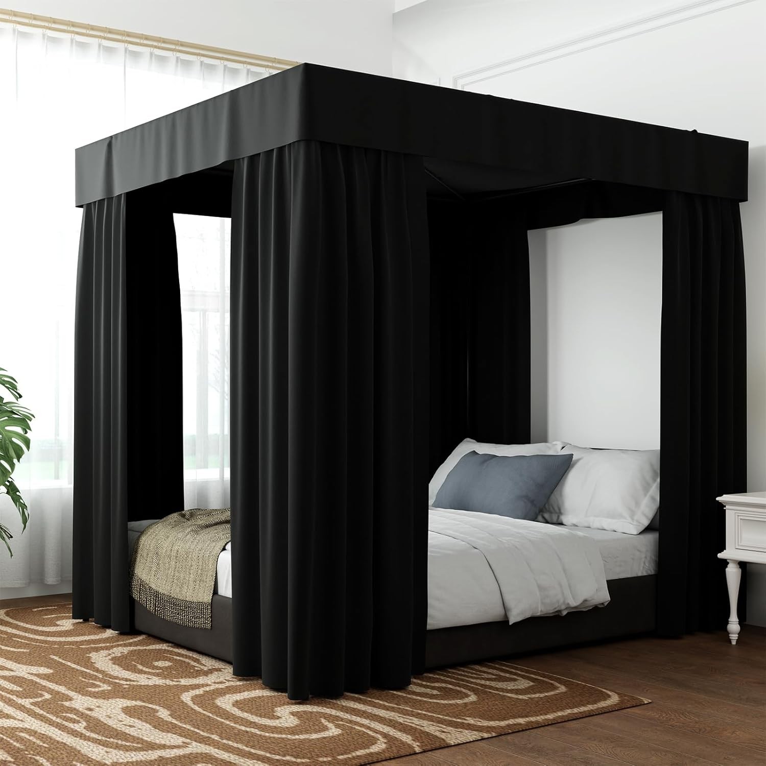 Hvqic Black Canopy Bed Curtains – 4 Corner Post Bed Curtains King Bed Curtains Lightproof Drapes Bed Canopy for Adults & Girls Bedroom Decoration (King,Black)