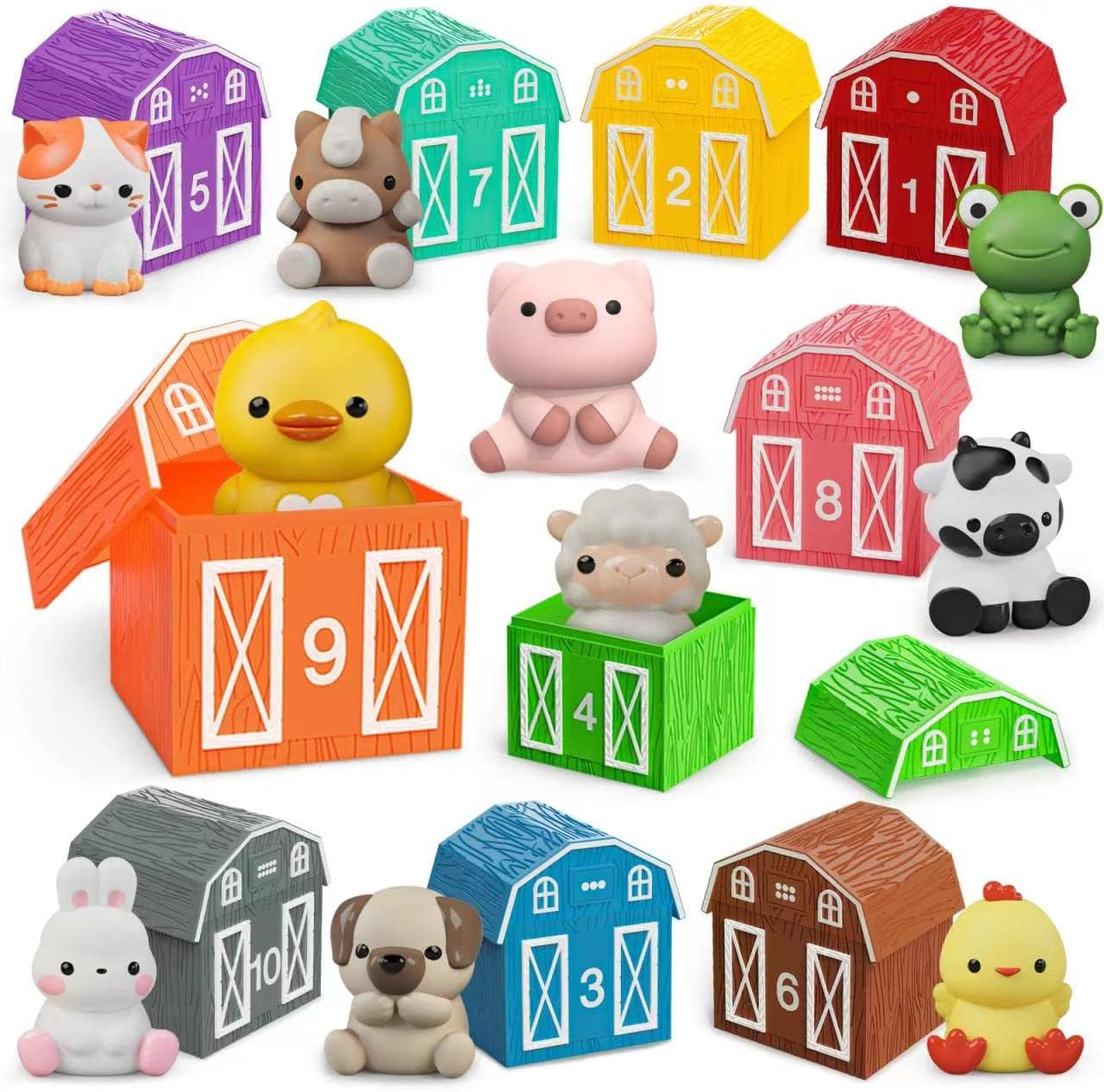 Learning Toy for Toddlers 1 2 3 Year Old, 10 Farm Animal Toys & 10 Barns, Counting, Matching & Sorting Montessori Educational Sensory Toys, Christmas Birthday Baby Boy Girl 1-3