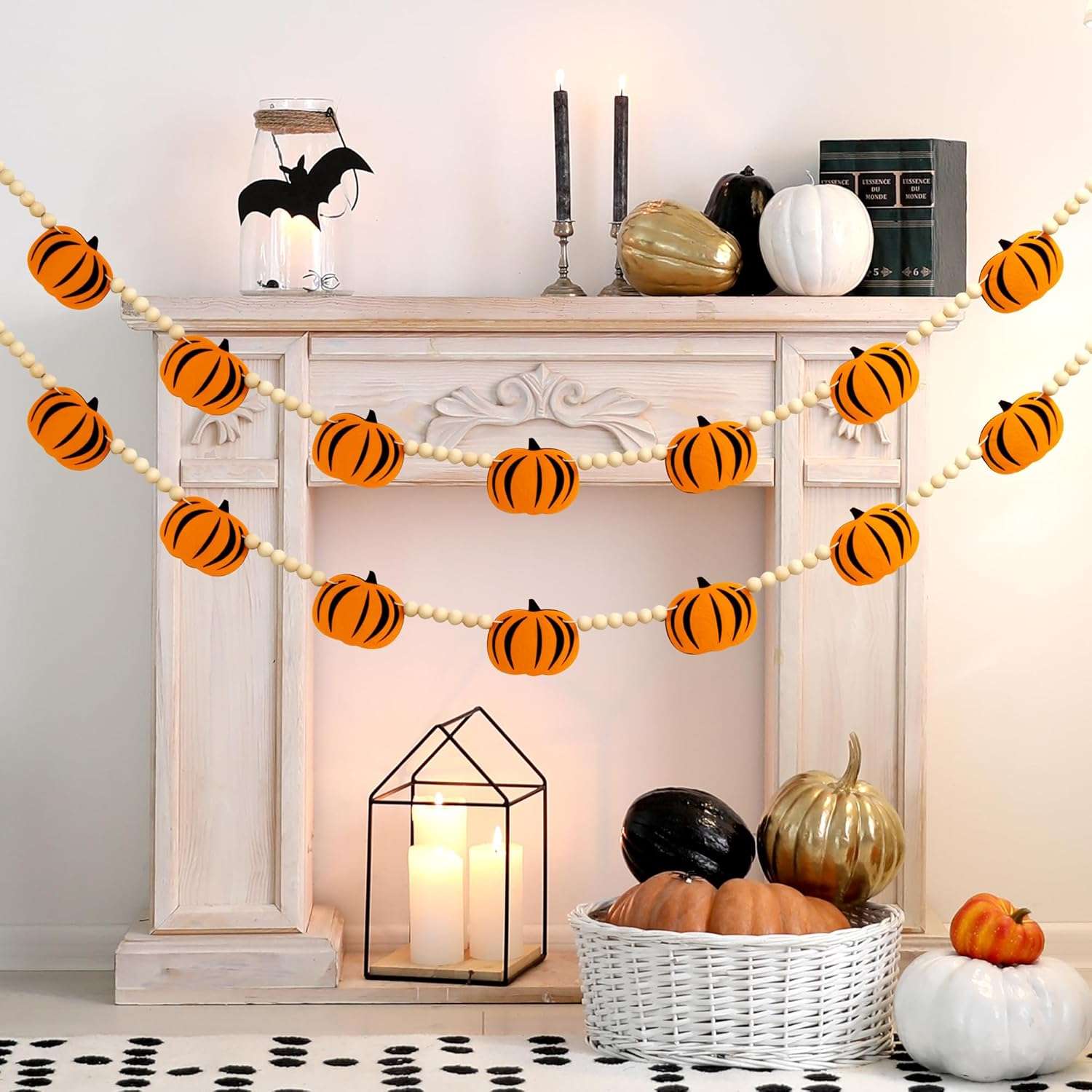 Pumpkin Halloween Garland, Felt Pumpkin Garland Wooden Beads Garland Halloween Thanksgiving Decorations for Home, Fall Pumpkin Decor for Bedroom Haunted House Fireplace Wall Indoor Outdoor