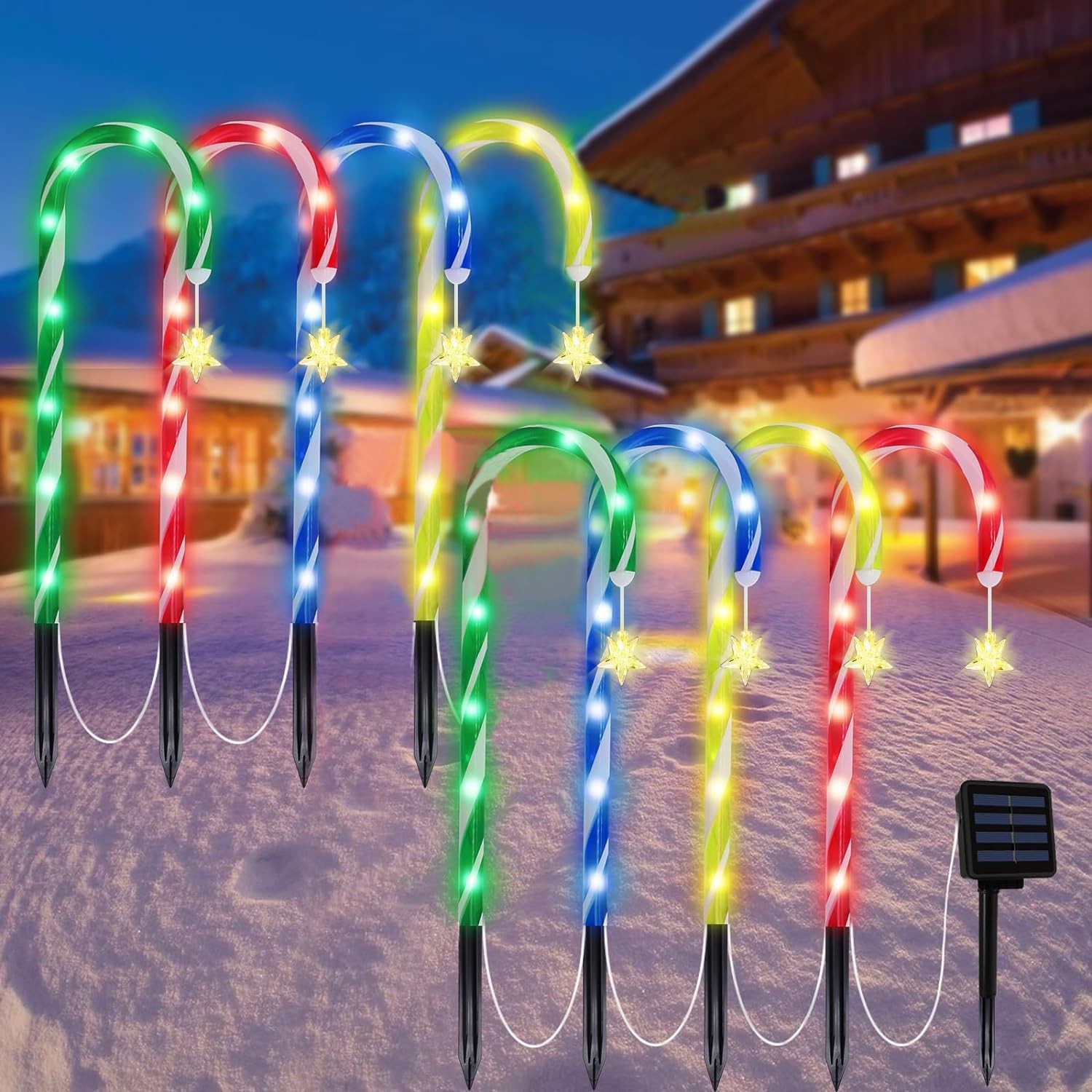 Solar Colored Christmas Candy Cane Lights for Christmas Decoration, 8 Packs of Outdoor/Indoor, Garden, and Lawn Christmas Decorations with Stars and 8 Flashing Patterns (8)