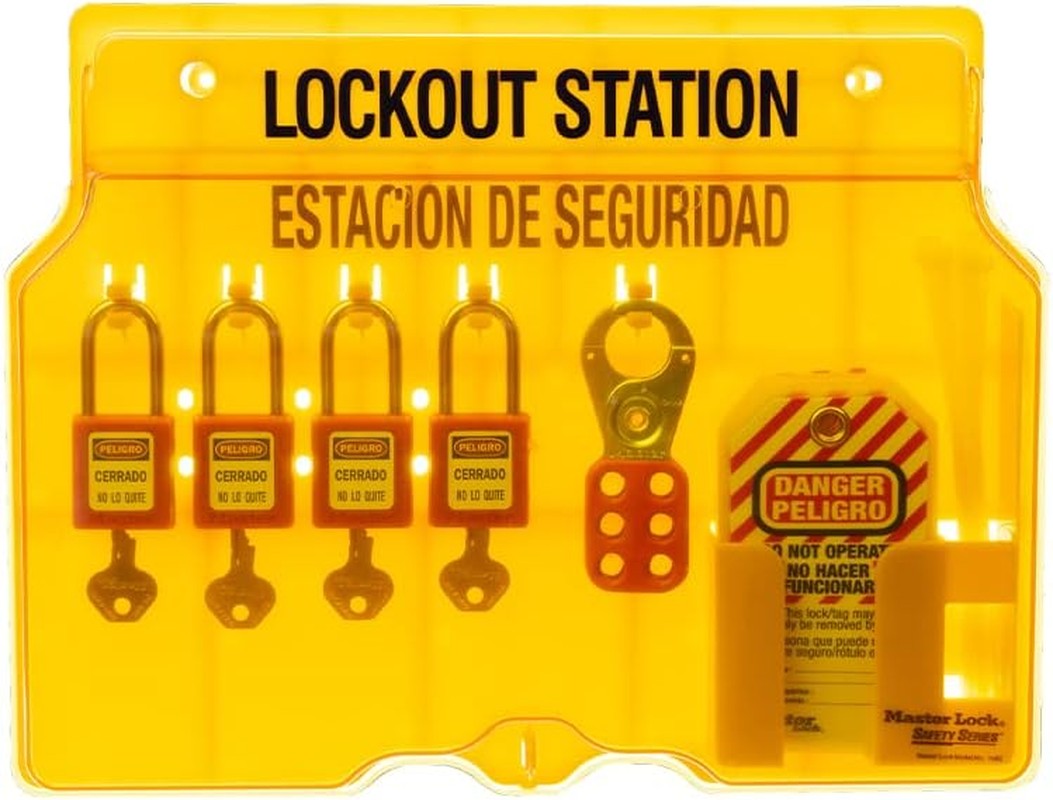 Master Lock 1482BP410 Covered Lockout Tagout Station with 4 Zenex Thermoplastic Padlocks, Yellow