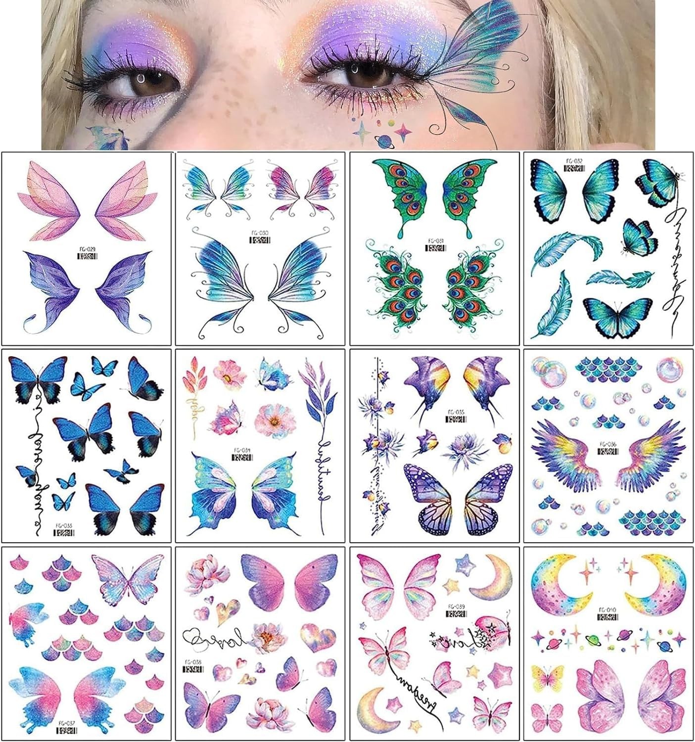 12 Sheets Glitter Butterfly Temporary Tattoos Sticker for Women Girls Eye Face Makeup Decoration, Flash Fairy Wings Body Art Shiny Butterflies Waterproof Fake Tattoos for Festival Party Eye Decor