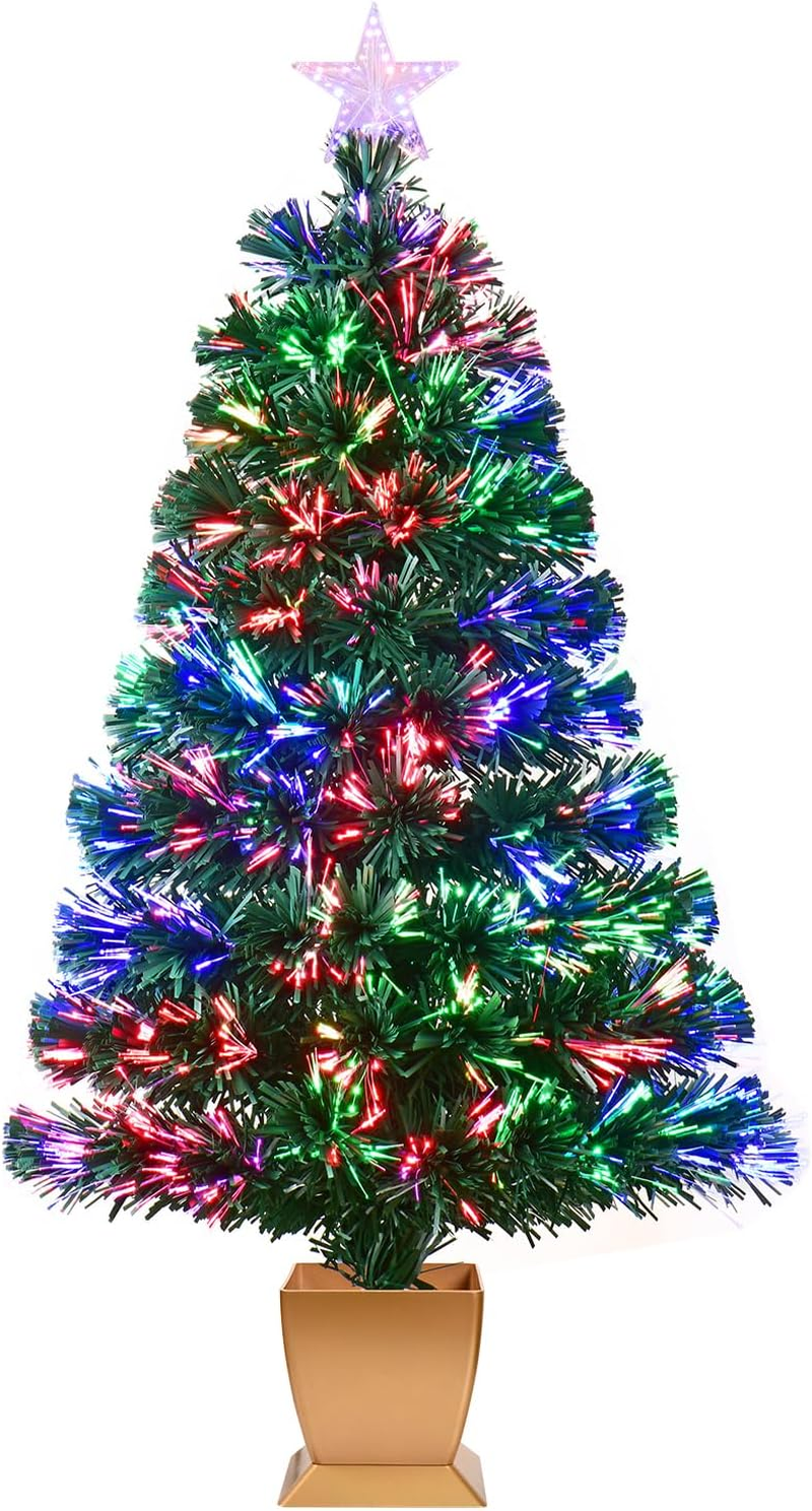 3Ft Green Fiber Optic Christmas Tree,Pre-Lit Artificial Mini Christmas Tree, Tabletop Small Xmas Tree with Stars Holiday Home Decorations