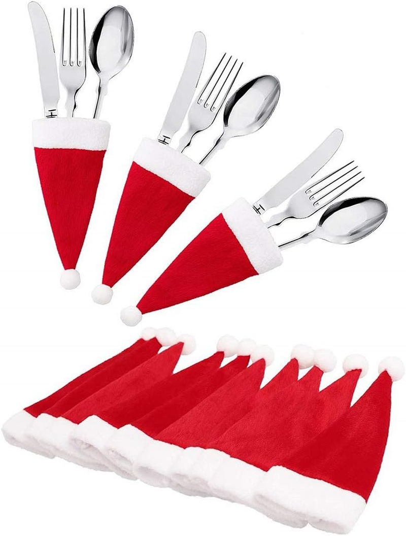 10 Pcs Christmas Santa Hats Silverware Holders Wine Bottle Cover, MH MOIHSING Christmas Cutlery Holders for Xmas Party Dinner Table Dinnerware Decorations and Flatware Organizers Decor Supplies