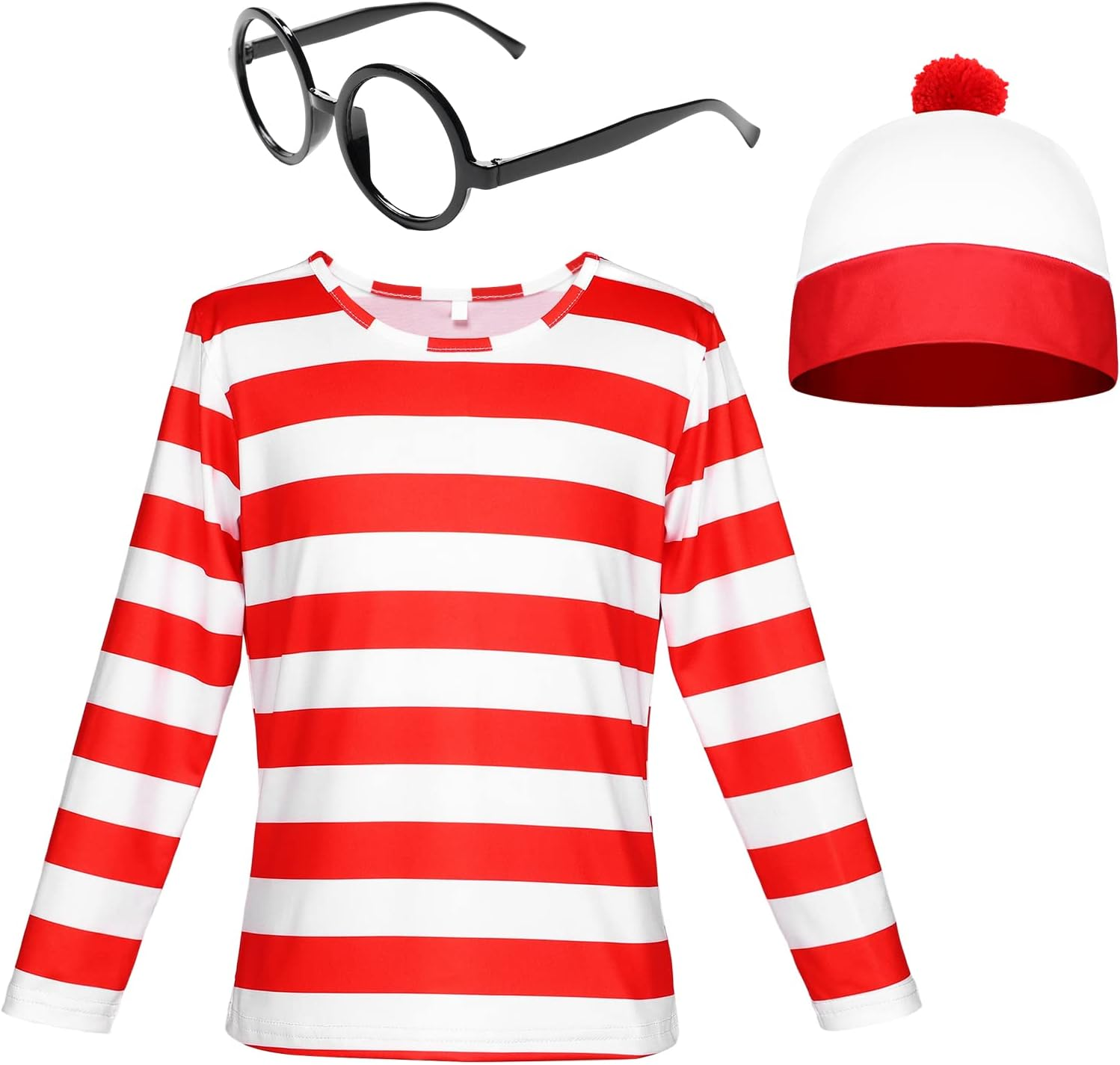 Metaparty Wheres Wally Costume Kids Women’S Girls Red and White Striped T-Shirt Long Sleeve Stripes Tees Crew Neck for Halloween