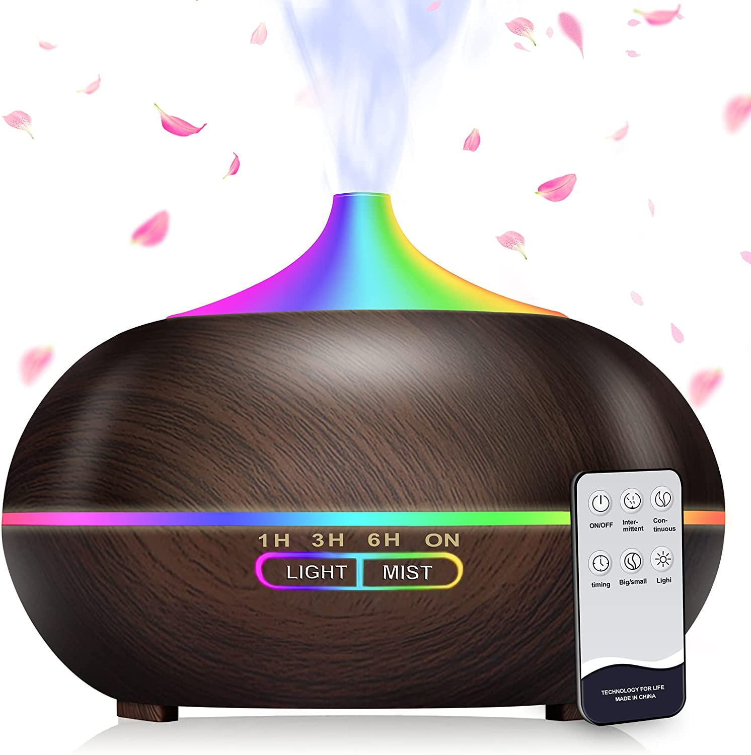 550Ml Essential Oil Diffuser, Ultrasonic Aroma Diffuser with Smart Remote Control, Aromatherapy Humidifier Fragrant Oil Vaporizer with 8 Color LED Light, Auto Timer for Home Office(Dark Wood Grain)