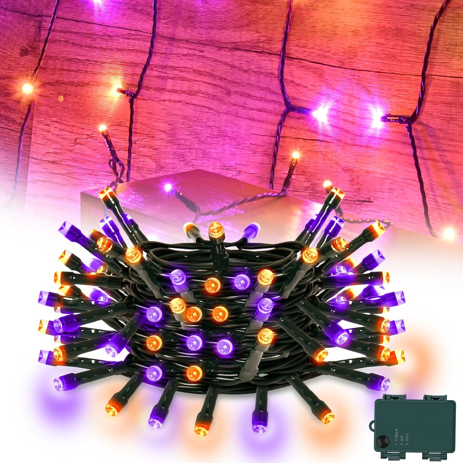 Cshare Orange and Purple String Lights Battry Operated with Timer Waterproof, Halloween String Lights for outside 16.4Ft 50LED Indoor Outdoor Halloween Decorations Garland Party Patio Garden Yard