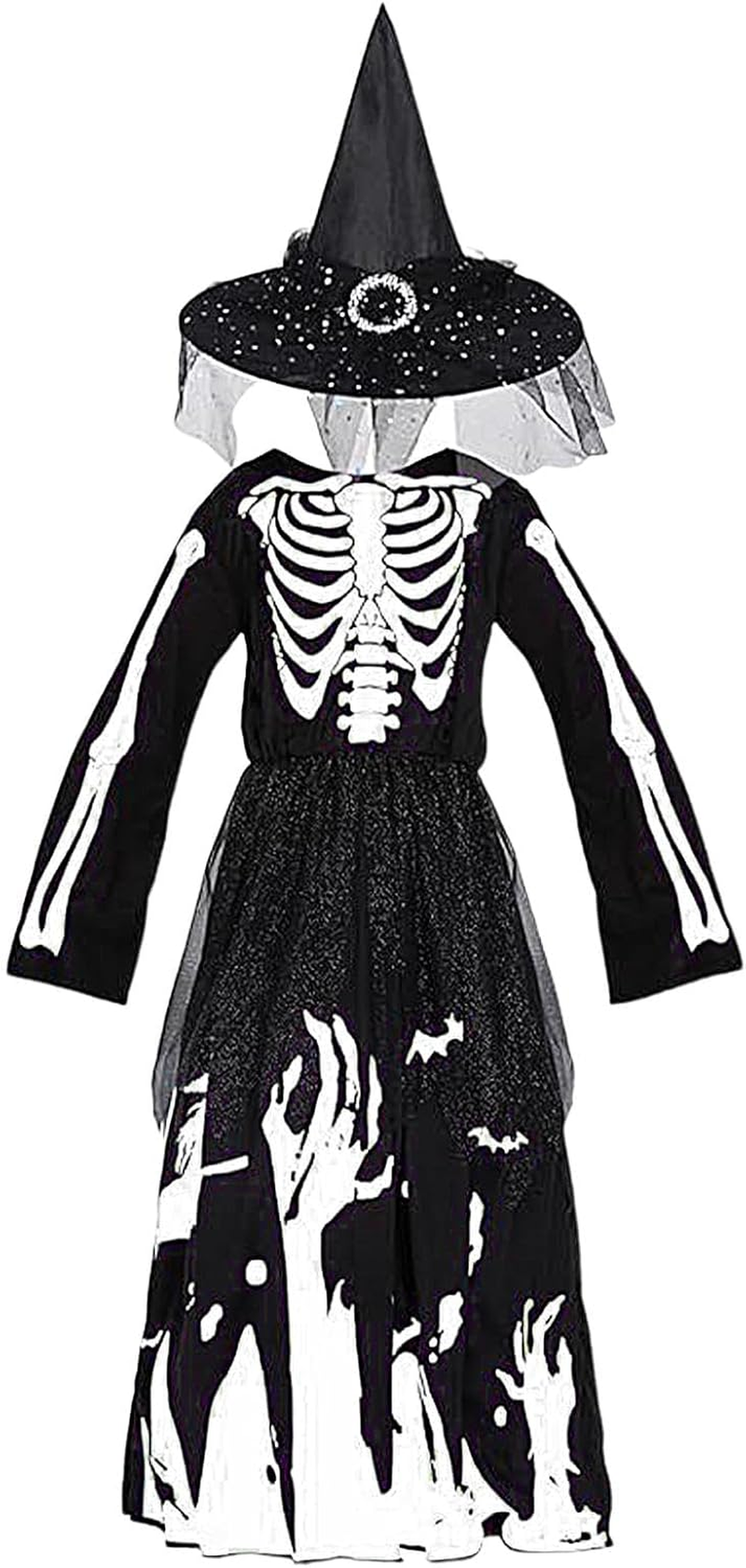 Children Witch Costume Set | Girls Skeleton Dress up | Kids Witch Costume Halloween | Skeleton Princess Costume, Girls Witch Dress with Hat and Skeleton Dress Theme Gathering Costumes for Halloween