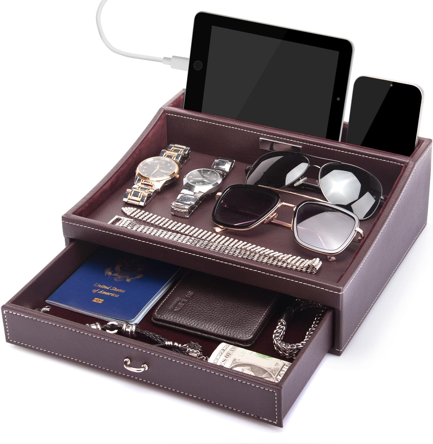 Mens Valet Tray, 2 Layer Leather Nightstand Organizer Box for Jewelry Key Wallet and Phone (2 Layer C Style Brown)