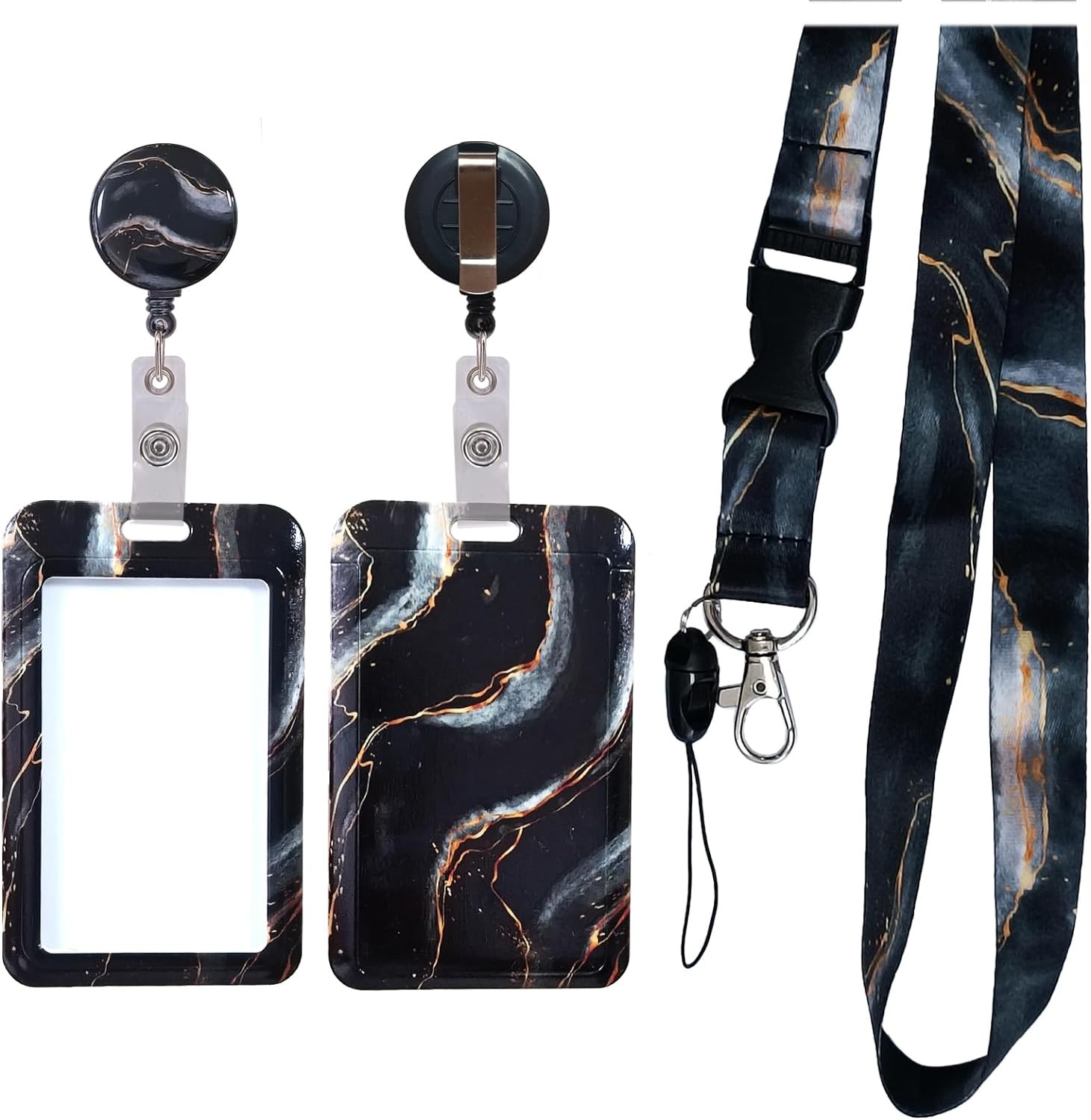 Badge Holder with Detachable Neck Lanyard Reel Clip, Retractable Vertical ID Card Holder Keychain Name Badge with Belt Clip, Work Office Nurse Medical Student Teacher Women Men Gifts (Black Marble)