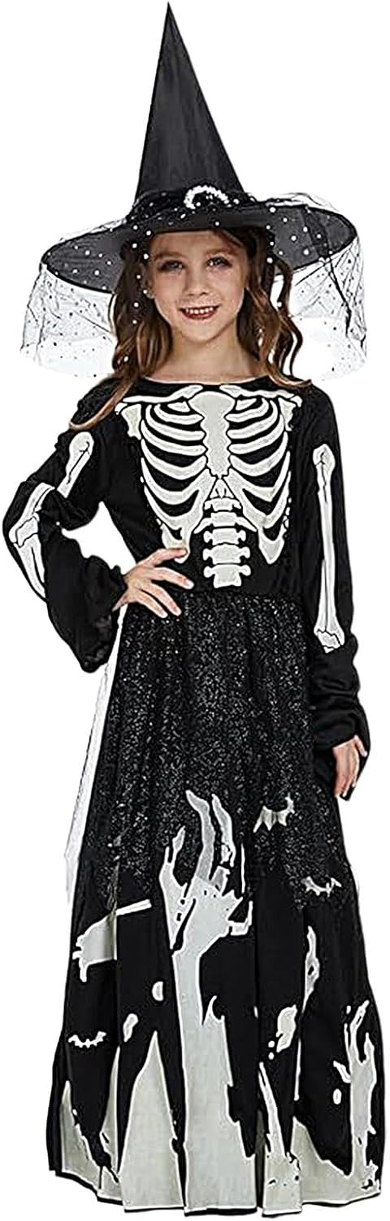 Halloween Kids Witch Costume Set, Halloween Girls Dress with Hat, Skeleton Deluxe Halloween Girls Costume Set for Theme Gathering, Halloween Dances