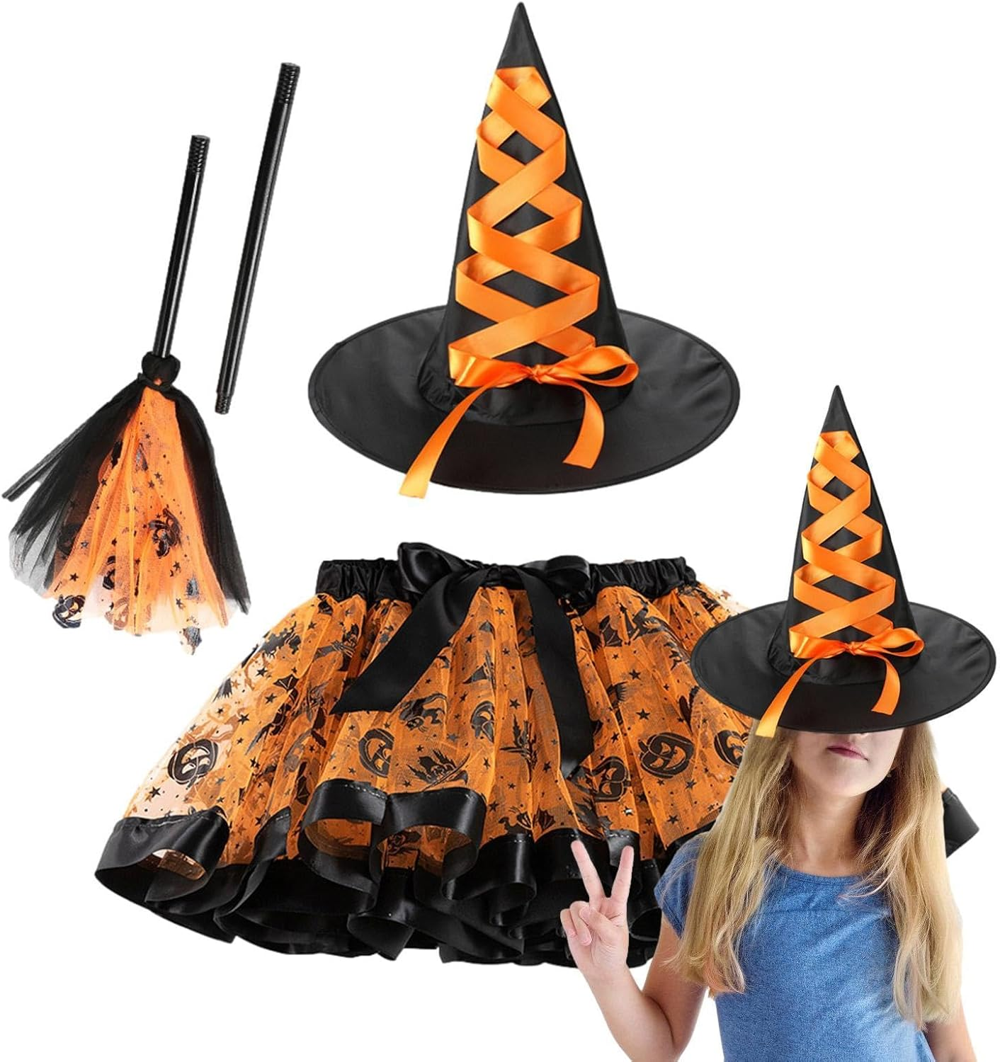 Halloween Witch Costume for Girls | Dress up Outfit with Hat and Broom – Witch Tutu Skirt, Role Playing Props for Halloween