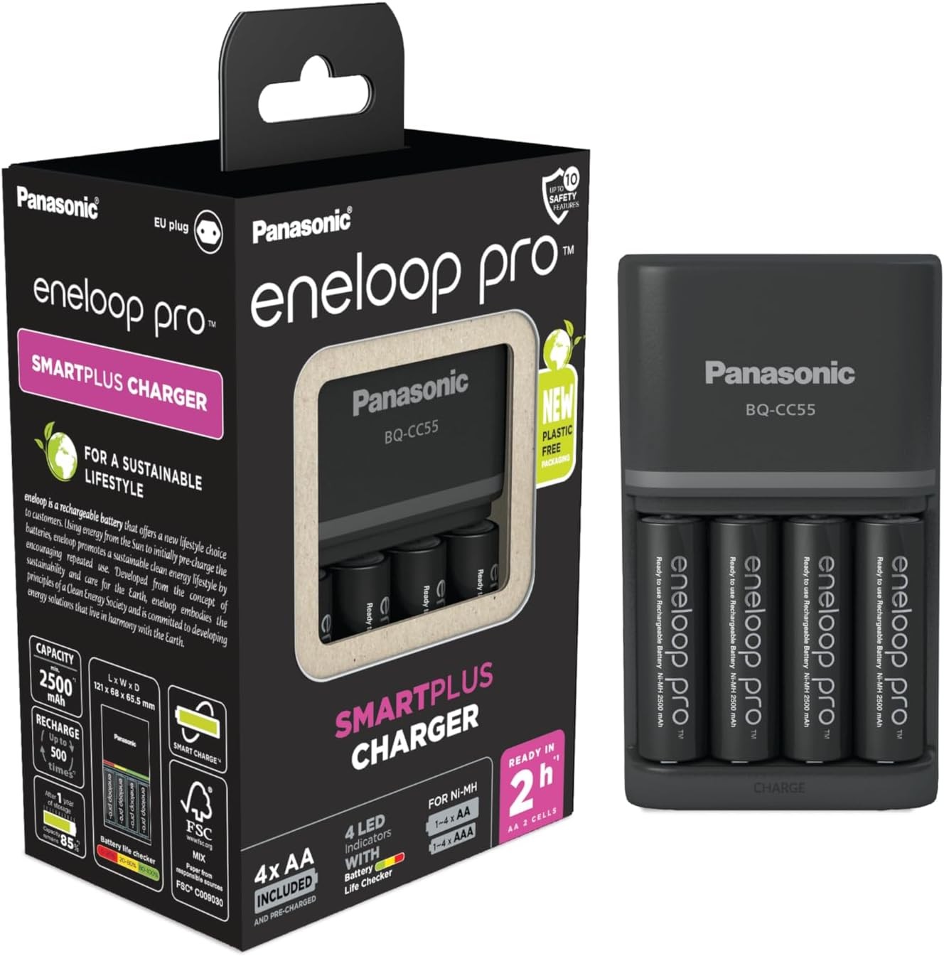 Panasonic Eneloop Smartplus 52055E40 Charger for 1-4 AA/AAA NI-MH Batteries with 4 LED Indicators and 10 Security Functions, Includes Aa/Mignon Batteries, Minimum 2500 Mah, Black