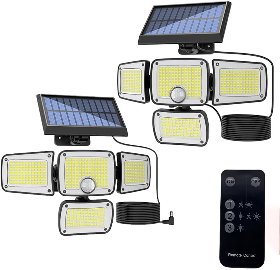 Clearhill Motion Sensor Outdoor Lights, 4 Adjustable Head 346LED Security Lights with Remote Control,Wireless Solar Motion Lights, Weatherproof Solar Outdoor Lights (Separation Style, 4Head 346LED 2P)