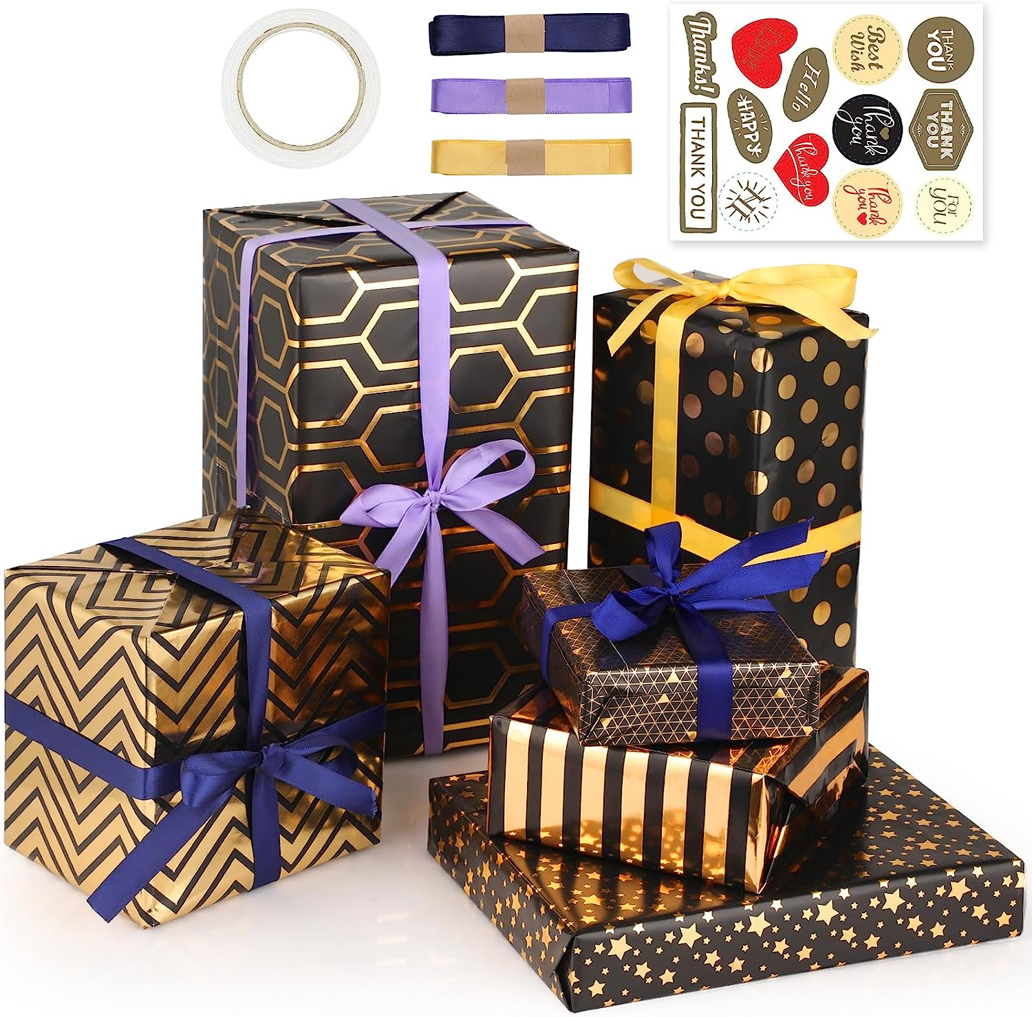 Bigqin 6 Sheets Black Gold Gift Wrapping Paper Set 70 * 50Cm Recycled Gift Decorative Paper for Women Men Birthday Christmas Valentine’S Day Holidays, with Ribbons Stickers and Tape