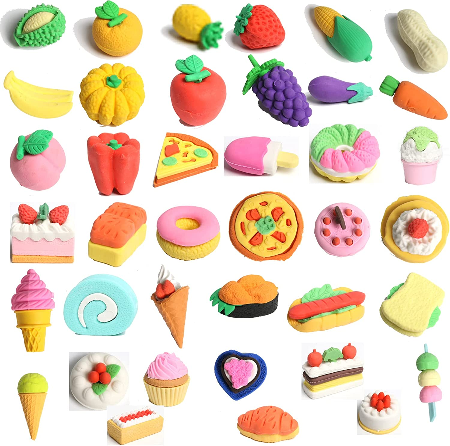 40 PCS Japanese Erasers(Fruit,Vegetable,Dessert), Bulk Kids Pencil Erasers Puzzle Eraser Toys for Classroom Rewards, Party Favors, Games Prizes, Carnivals Gift and School Supplies(Random Designs)