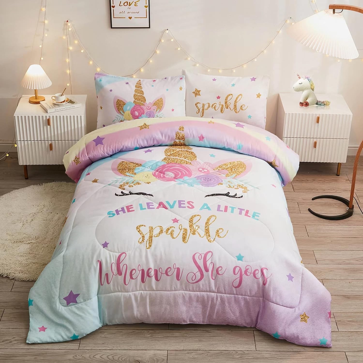 Cokouchyi 3-Piece Twin Bedding Sets for Girls, Unicorn Bedding, Girls Comforter Set, Unicorn Comforter Set for Girls, Ultra Soft and Fluffy Kids Bedding Set, Pink & Rainbow Color