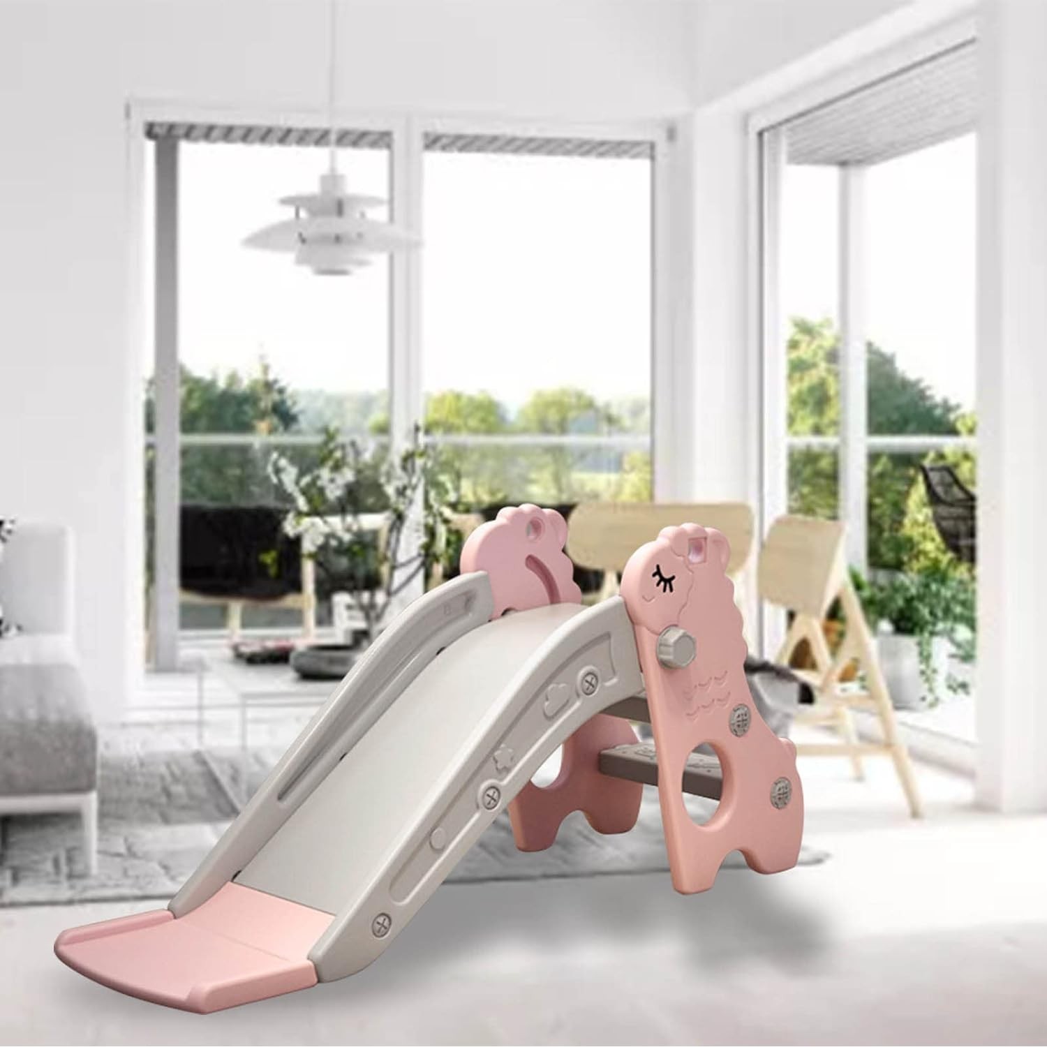 Indoor Slide Safe Foldable Kids Play Slide Living Room Freestanding Stable Base for Toddlers (Pink Gray)