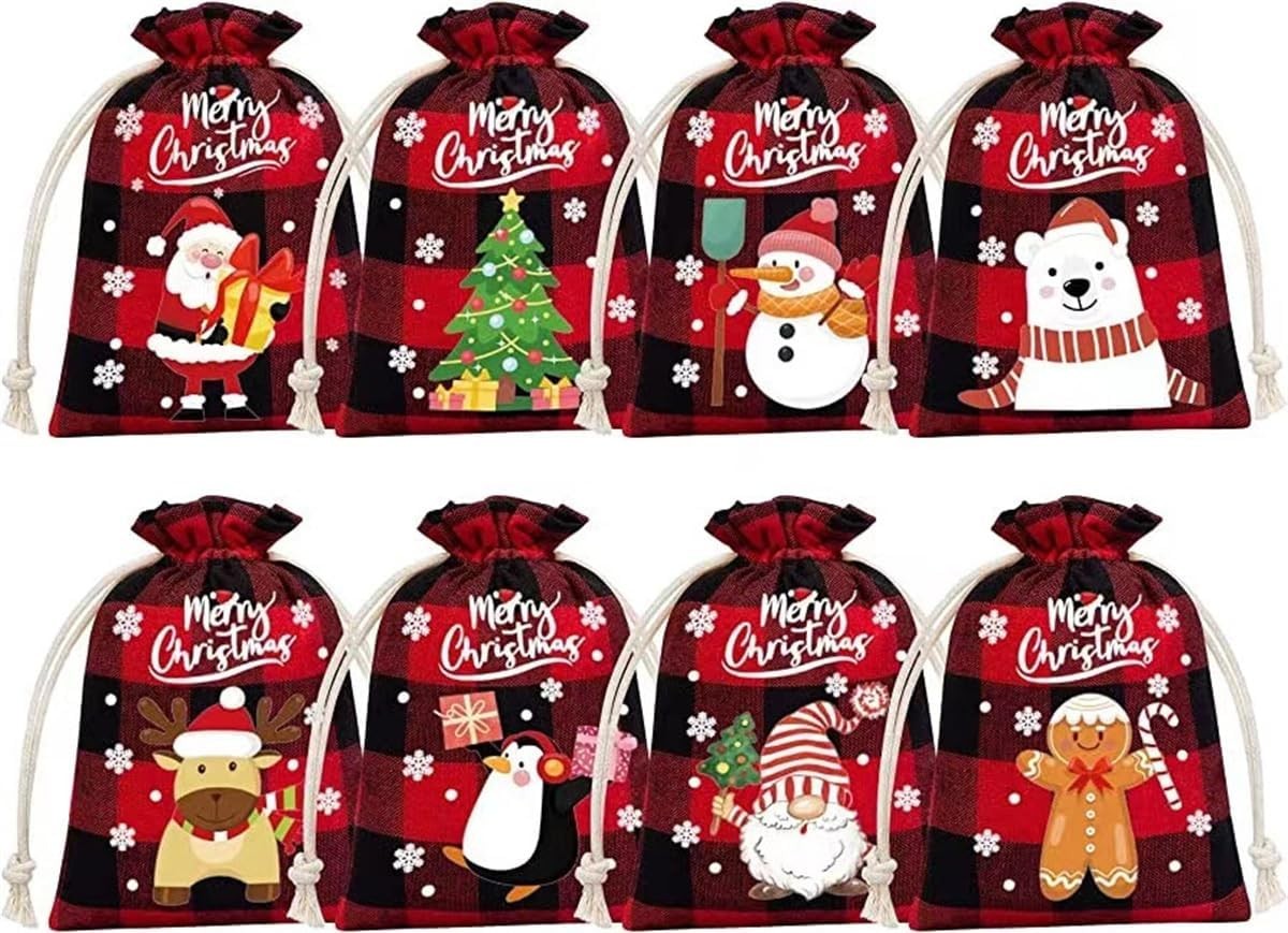 24 PCS Christmas Drawstring Bags Buffalo Plaid Xmas Gift Bags, 10 X 15 CM Reusable Small Christmas Linen Treat Bags Candy Bags Gift Wrapping Bags for Christmas Party Favor