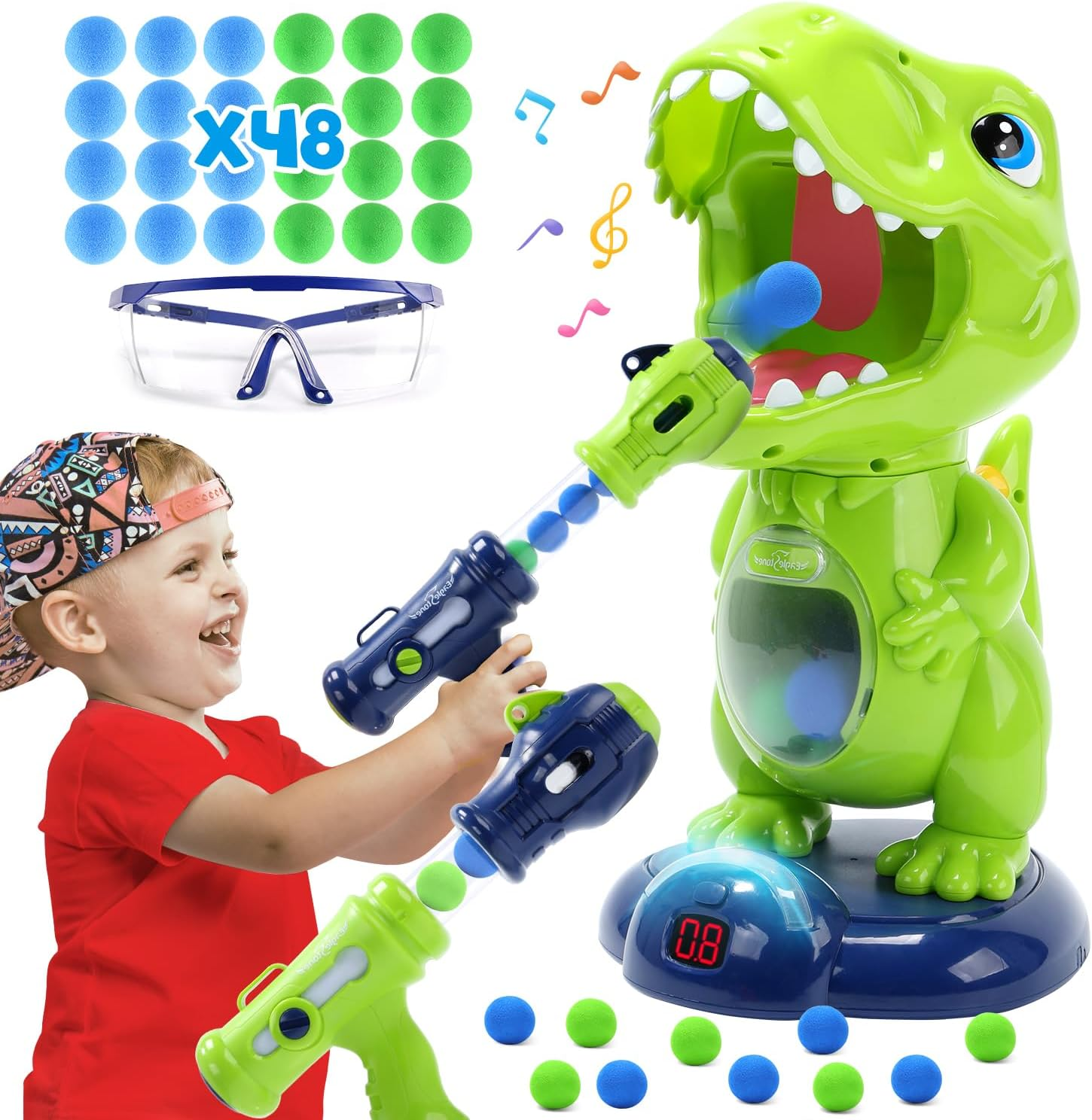 Eaglestone Movable Dinosaur Shooting Toys for Kids,Electronic Target Shooting Games with 2 Pump Gun,48 Balls Party Favor Toys with Score Record, LED & Sound, Dino Toys Boys and Girls