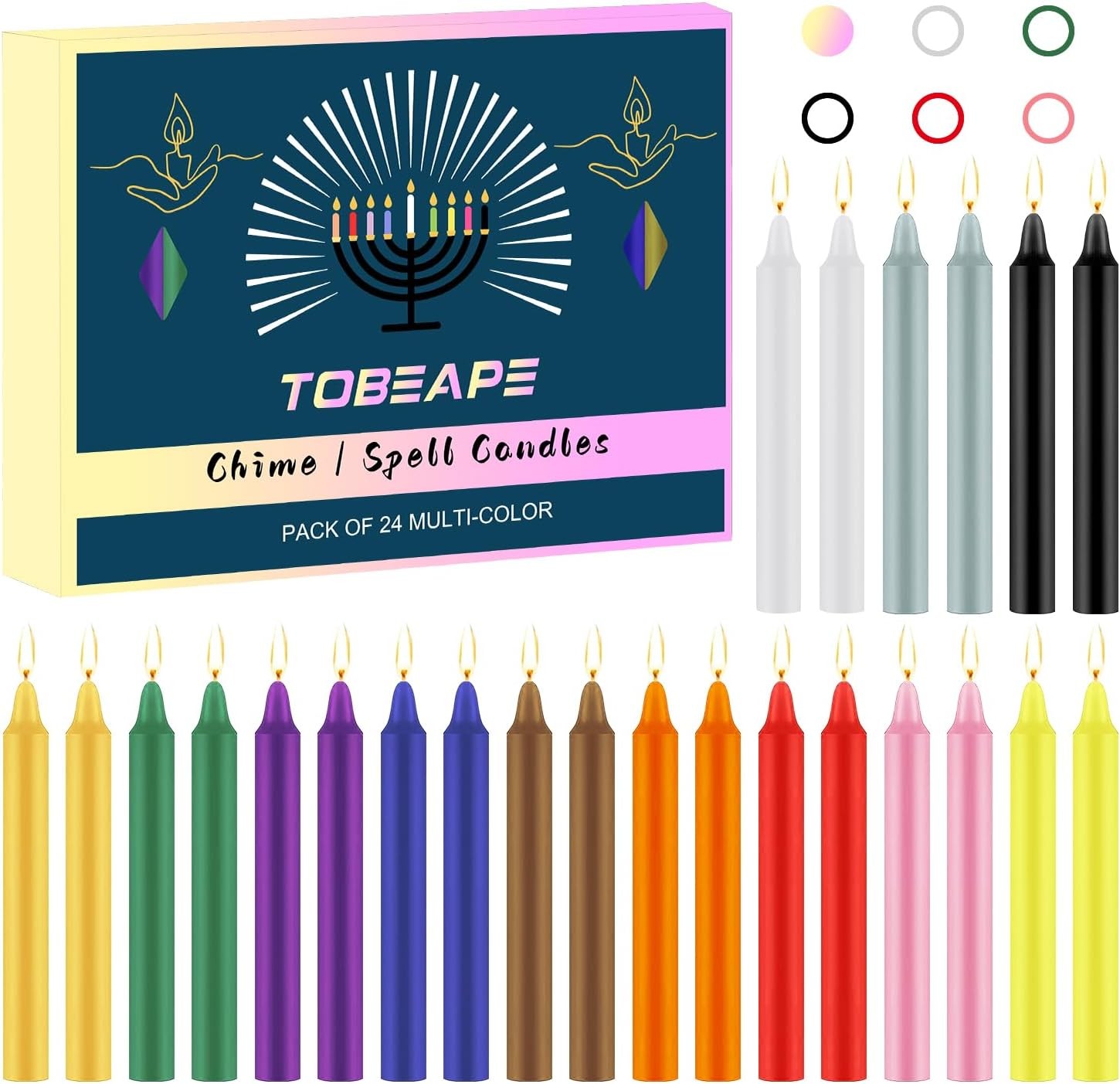 Tobeape 24 Pcs Taper Candles Colored, 4 Inch Mini Unscented Spell Chime Candles for Rituals, Birthday, Party, Prayer, Meditation, Witchcraft, Wiccan Altar, Magic Tools