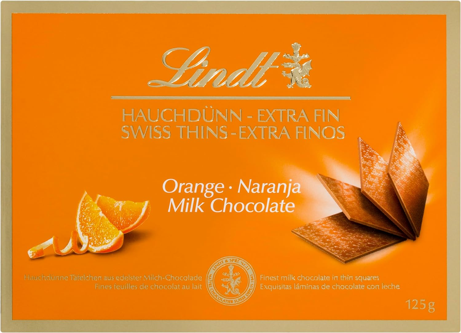 LINDT SWISS THINS ORANGE MILK CHOCOLATE 125GM