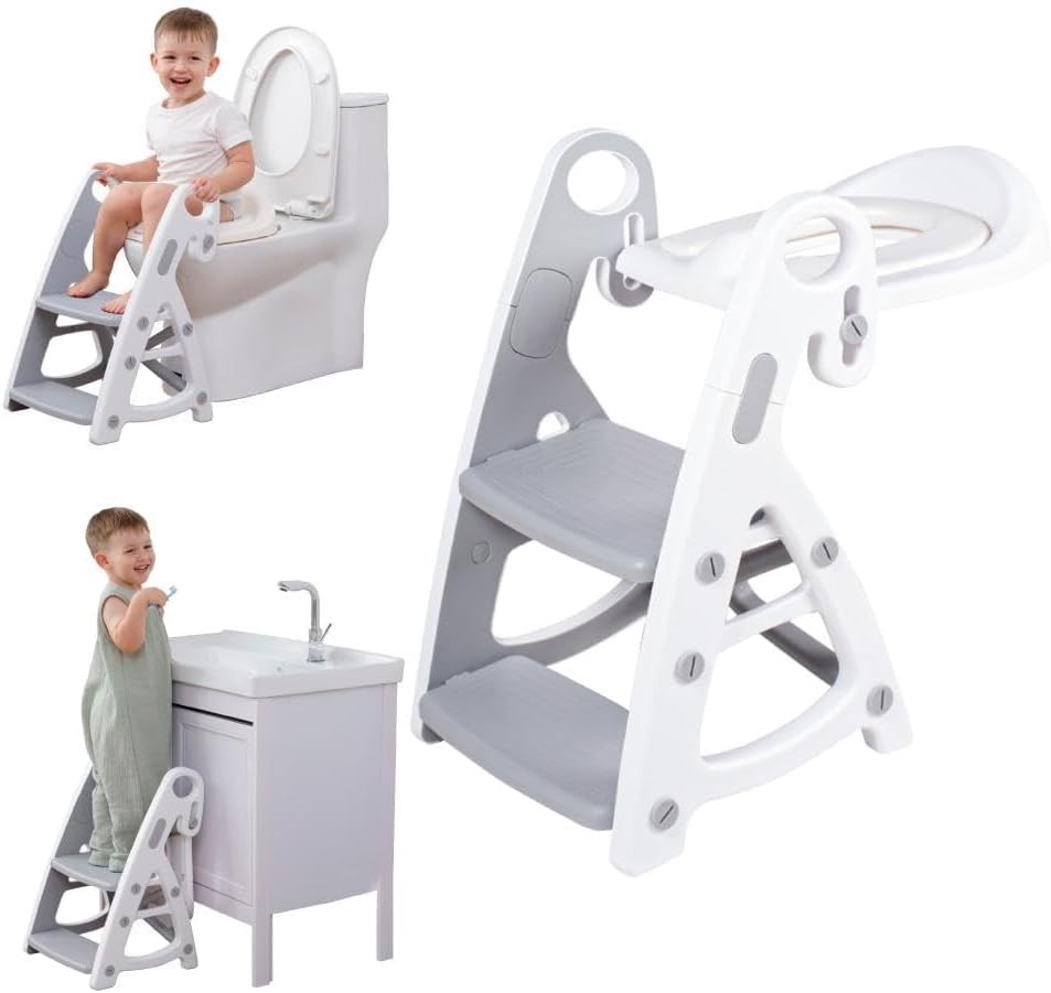 Potty Training Seat & Toddler Step Stool, Ultimate Stability Toddler Toilet Seat, Adjustable Step & Seat Height Potty Seats for Toddlers Boys Girls (Grey)