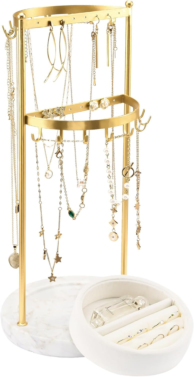 Procase Gold Jewelry Organizer Jewelry Holder Jewelry Stand with Velvet Ring Tray and Marble Base, Necklace Holder Organizer Earring Display Storage Rack for Studs Rings -Gold