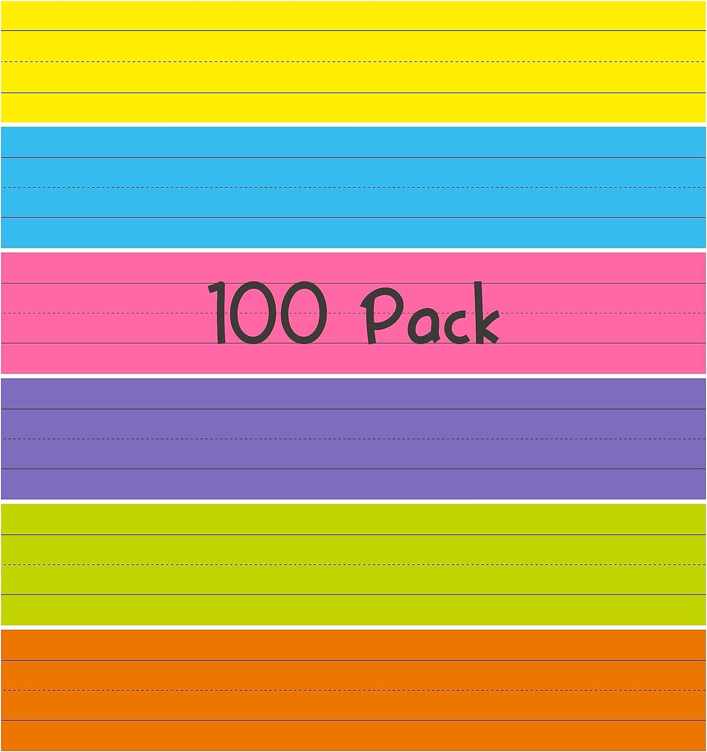 100 Pack Sentence Strips, Ruled Rainbow Sentence Strip Lined Paper for Handwriting Practice Learning Tool Classroom School, Office Supplies (6 Assorted Colors, 17” X 3”)