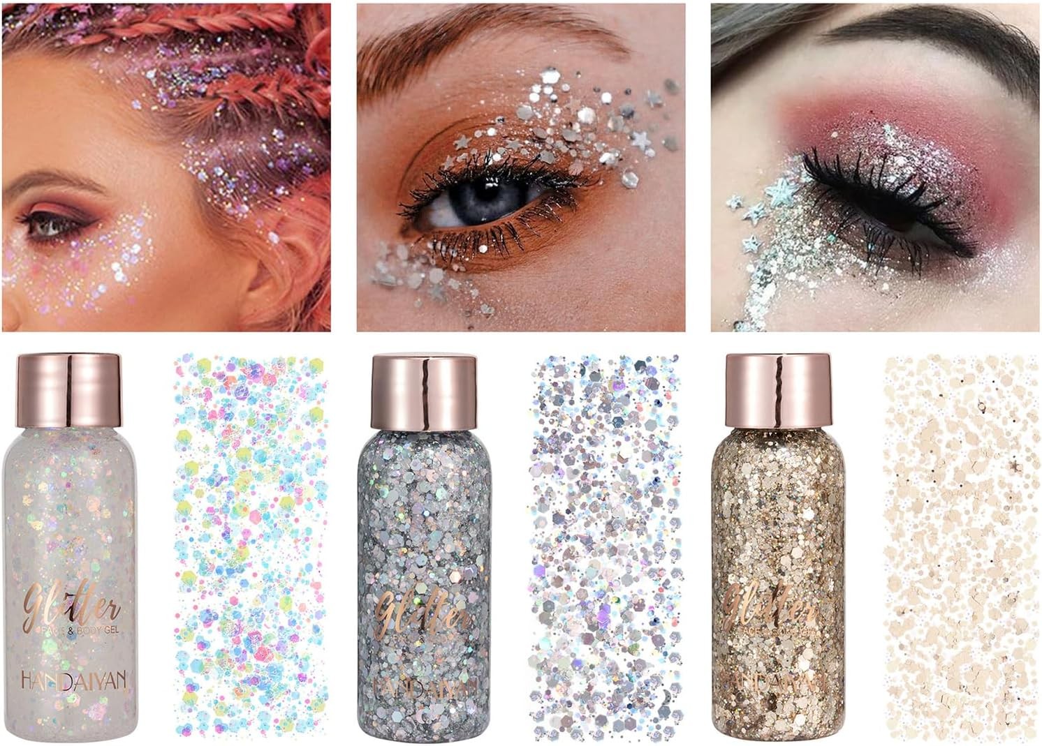 CHSEEO Holographic Body Face Glitter Set, 3 Pack Glitter Eyeshadow Waterproof Quick-Drying Liquid Sequins Women Girls for Music Festival Makeup, Shimmer Cosmetic for Body/Face/Hair/Nails/Lip #1