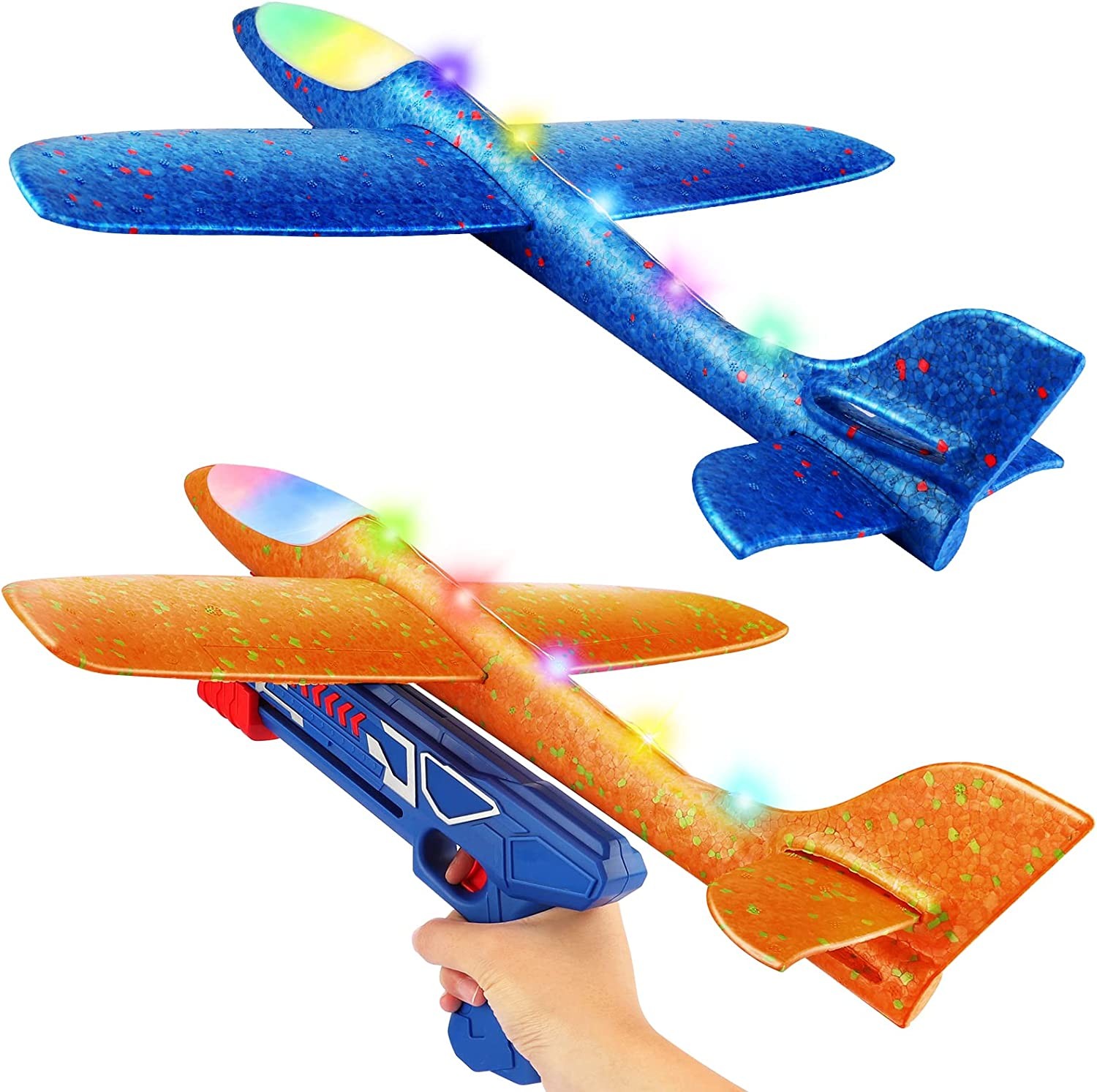 2 Pack Flying Airplane Toys with Launcher,Led Light Foam Glider Planes,Kids Outdoor Toys Yard Games, for 4 5 6 7 8 9 10 Years Old Boys Girls, Airplane Birthday Party Supplies