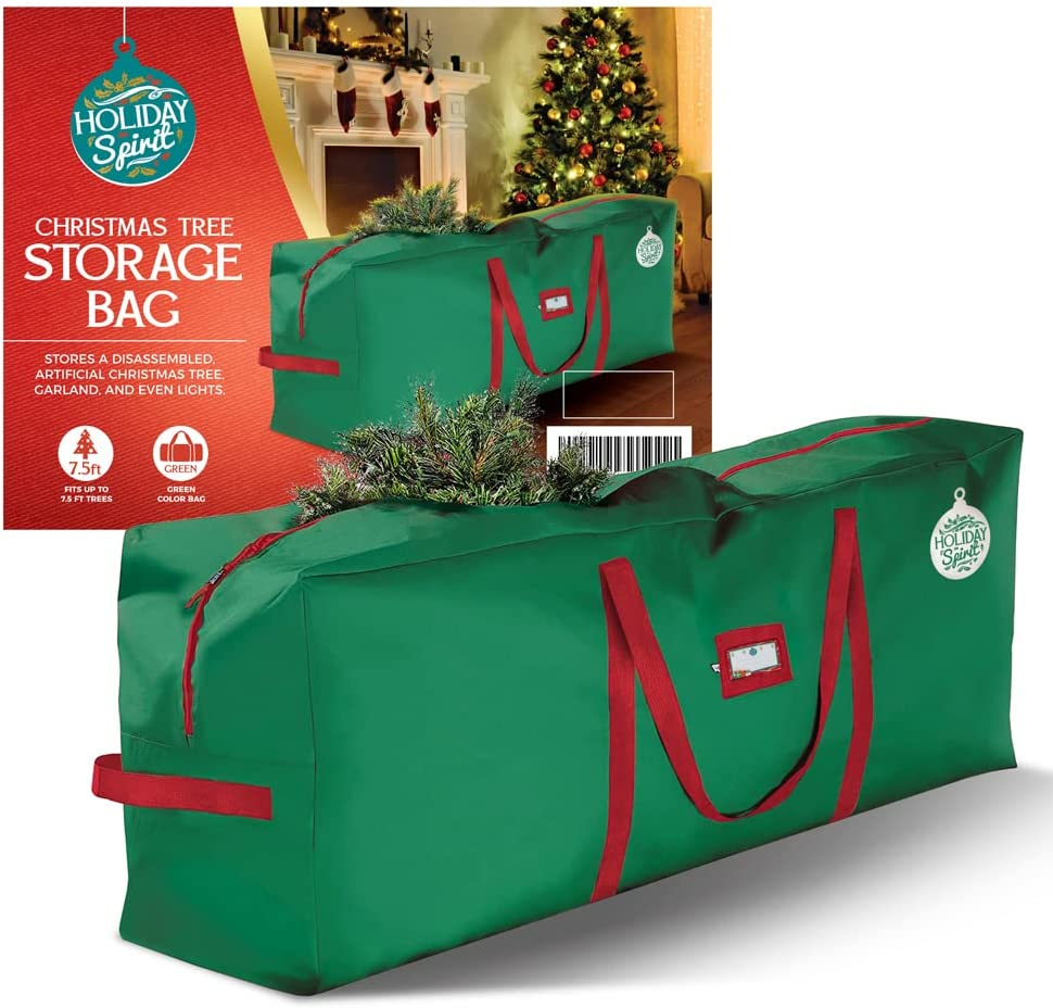 HOLIDAY SPIRIT Christmas Tree Storage Bag – Heavy-Duty Tree Bag with Durable Reinforced Handles & Zipper, Waterproof Storage Bag Protects from Moisture & Dust (Green, Fits 7.5 Ft Tree)