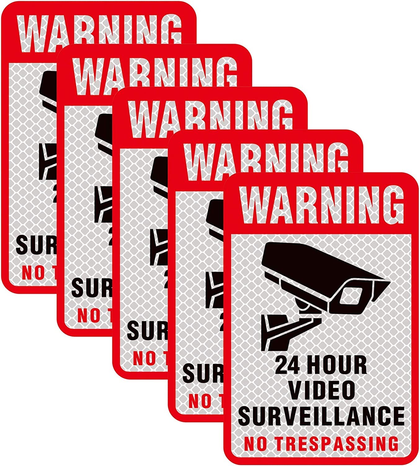 5 Pcs Reflective No Trespassing Warning Video Surveillance Yard CCTV Sign Sticker,Private Property No Trespassing 24 Hours Video Recording Sign,Home Fake Security Camera Stickers Signs