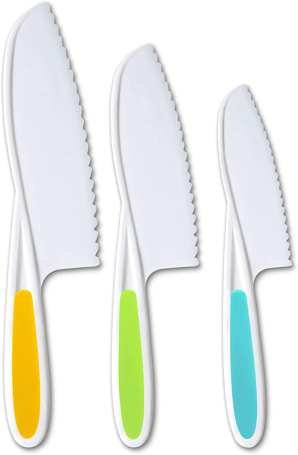 Ragazzacucine Kids Knife Set of 3 – Firm Grip, Serrated Edges & Safe – Colorful Nylon Toddler Cooking Knives to Cut Fruits, Salad, Cake, Lettuce (Multicolor)