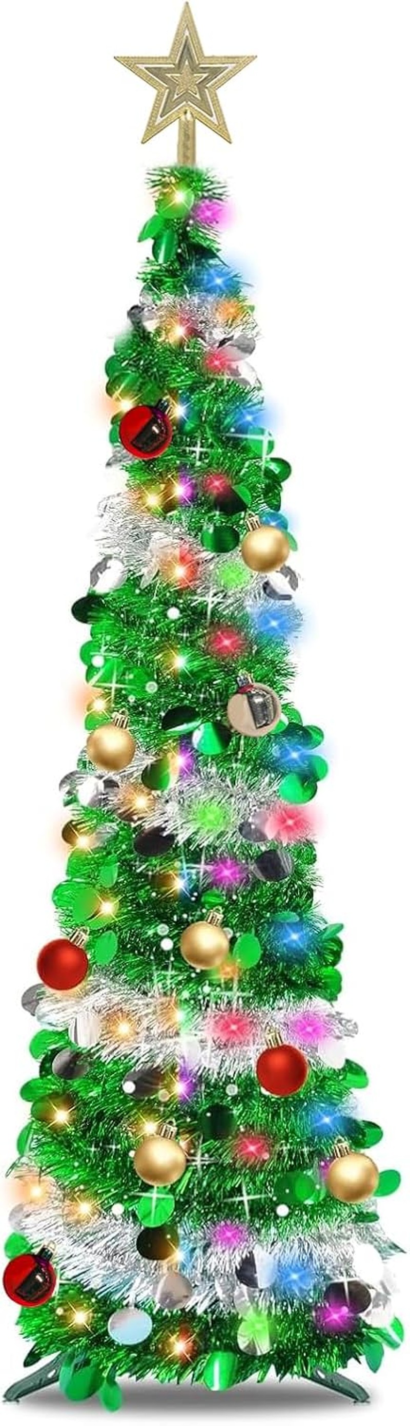 UONNO 5Ft Prelit Christmas Tree Pop up Pencil Tree with 50 Color Lights Ball Ornament Holiday Xmas Party Decorations (Green Silver)