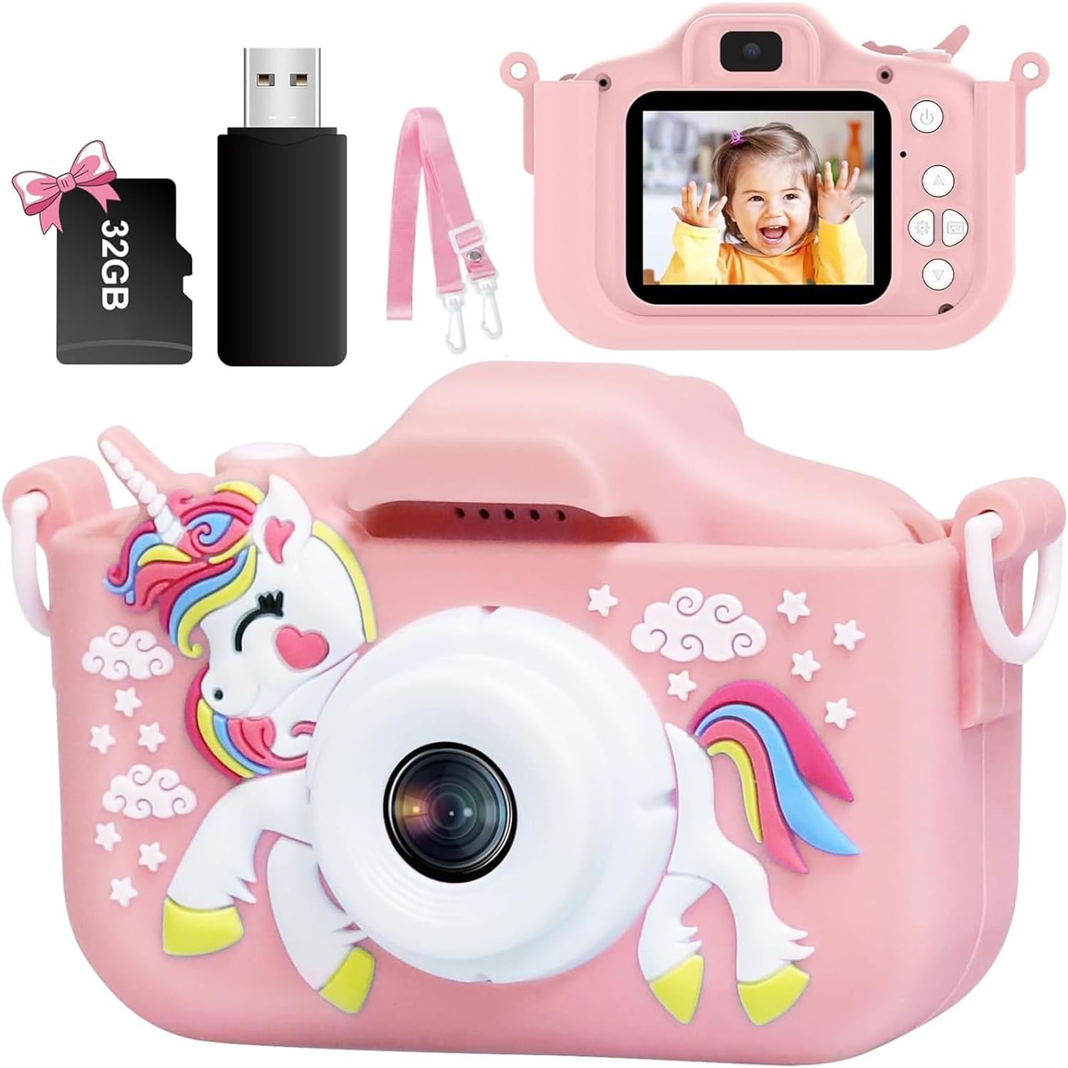 Kids Camera Toys for 3-12 Year Old Boys Girls,Children Digital Video Camcorder Camera with Cartoon Soft Silicone Cover 32G SD Card, Birthday Festival Kids (Pink)