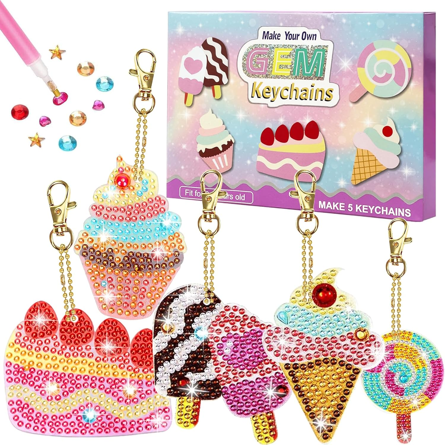 Arts and Crafts for Kids Ages 8-12, Diamond Painting Kits for Kids, Make Your Own Gem Art Keychains by Number, DIY Birthday Gifts Thanksgiving Christmas Crafts for Girls Boys Ages 3-5 4-6 6-8 10-12 (Ice Cream)