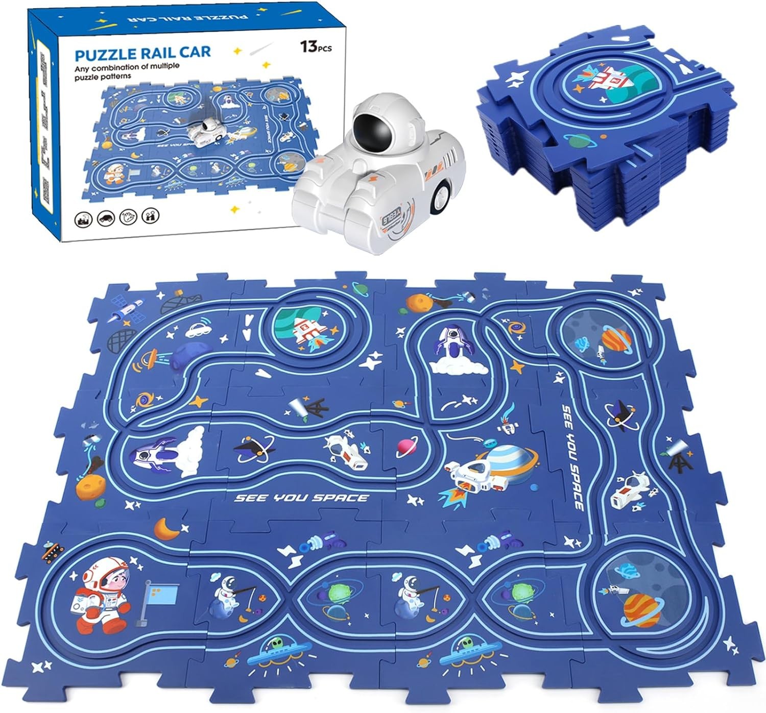 ZCOINS Sapce Astronauts Theme Puzzle Track Car Playset for Kids, Puzzle Mat Rail Train STEM Montessori Toys, DIY Road Builder Board Game Educational Gift Toys for 3 4 5 6 7 Year Old Boys