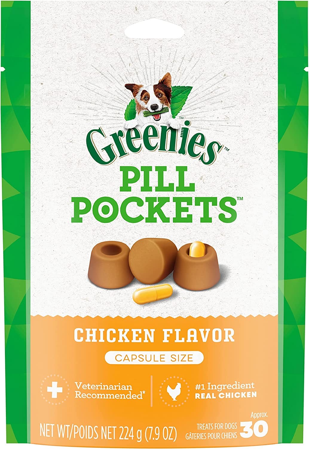 GREENIES Pill Pockets for Dogs Capsule Size Natural Soft Dog Treats, Chicken Flavor, 7.9 Oz. Pack (30 Treats)