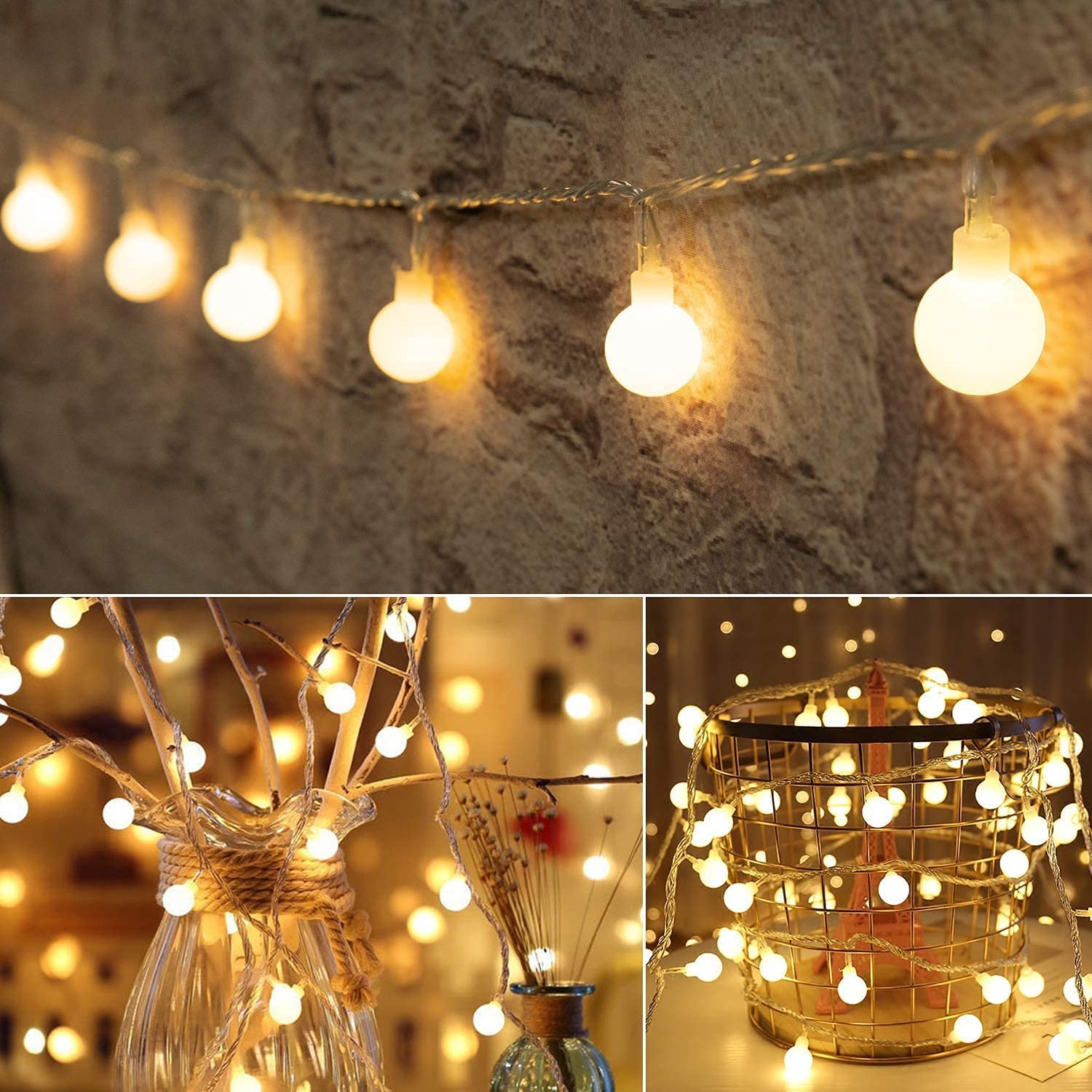 Globe String Lights Fairy Lights, 33Ft 100LED String Lights with 8-Mode Remote Waterproof Indoor Outdoor Hanging Lights Decorative Christmas Lights for Party Patio Garden Wedding (33Ft-Warm White)