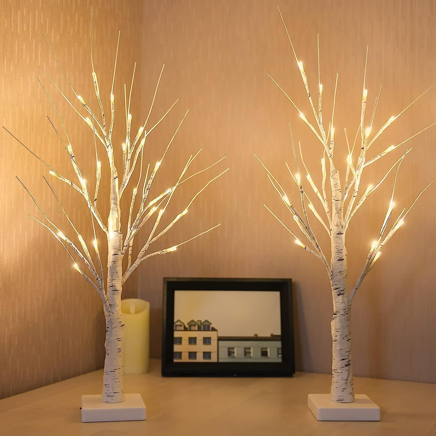 2-Pack 2FT Lighted Birch Tree with Timer for Christmas Decorations, Artificial Tree Christmas Decor Birch Tree with 48 LED Warm White Lights, Tabletop Centerpiece Tree for Xmas Home Wedding Decor