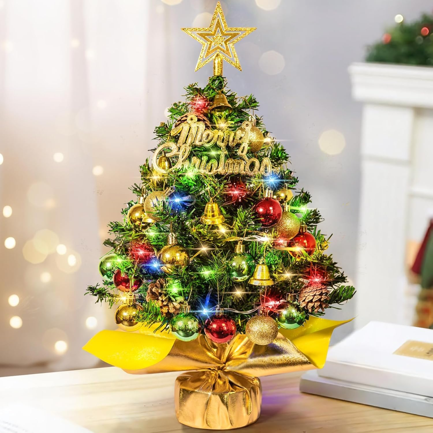 Tabletop Christmas Tree 24 Inch Mini Artificial Christmas Tree with 30 LED String Lights, Star Tree, Tabletop Small Xmas Tree for Holiday Indoor DIY Christmas Decor