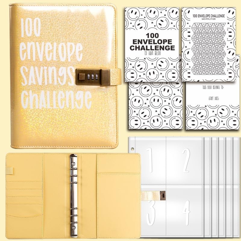 100 Envelopes Money Saving Challenge, Money Saving Challenge Budget Binder with Cash Envelopes, with Coded Lock Savings Challenges Book, to save $5,050 Budget Planner, Colorful Style (Yellow)