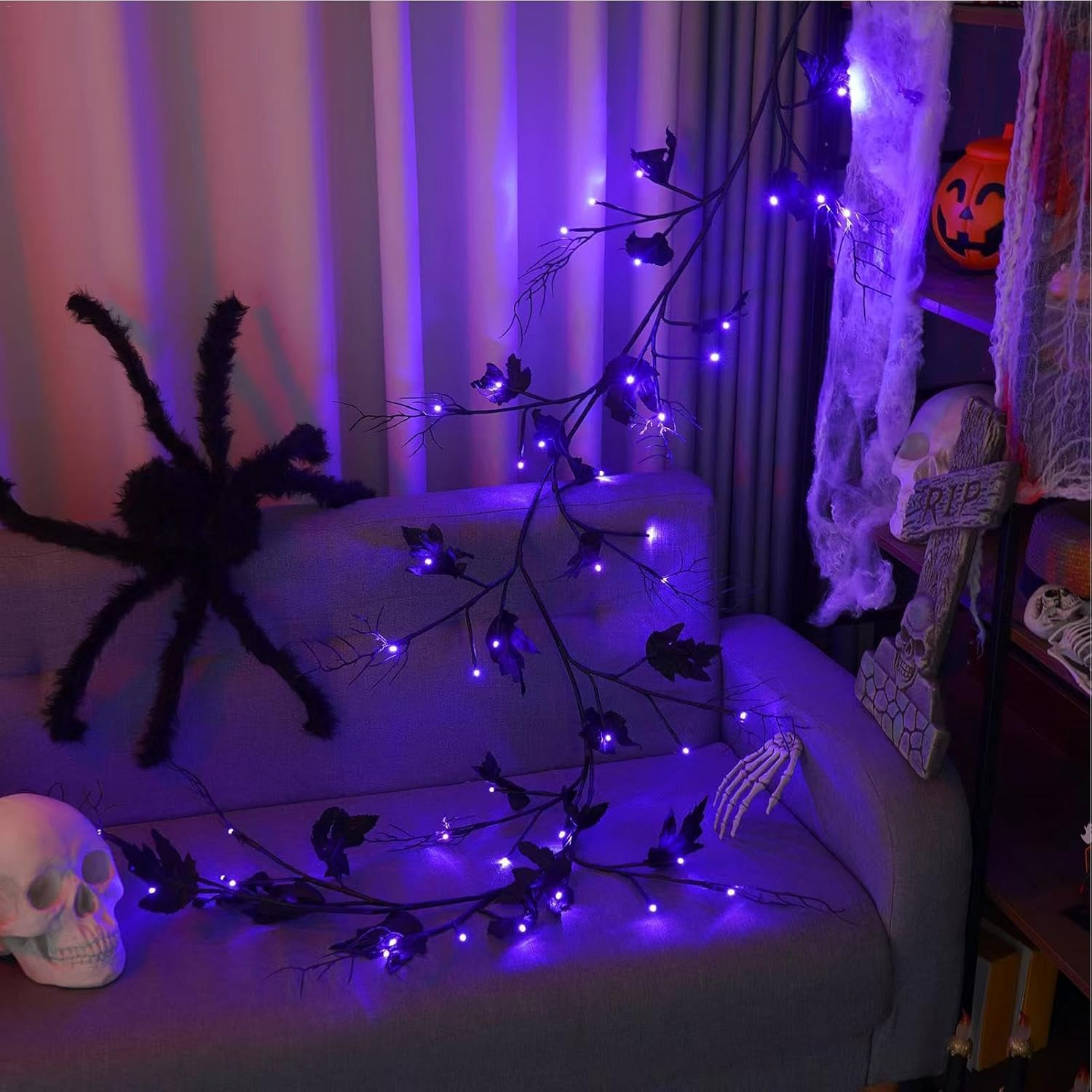 Wall Vines with Lights – Color Changing Halloween Vine Lights,8 Modes Dark Green Wire Fairy Light, Artificial Halloween Garland Creative Tree Branch Lights for Living Room Bedroom