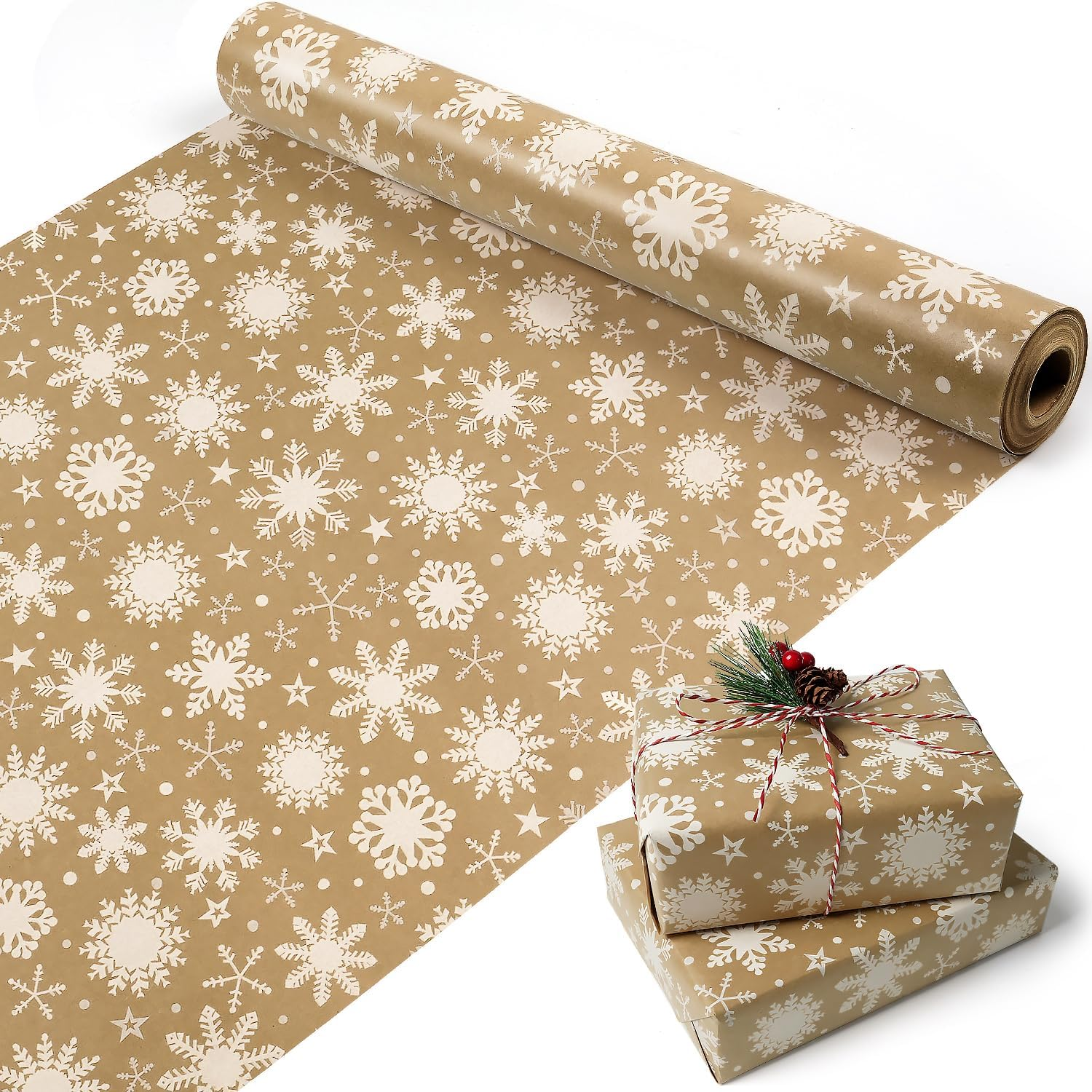 Christmas Wrapping Paper Roll, Brown Kraft Gift Wrapping Paper Jumbo Roll, Snowflake Christmas Wrapping Paper with Paper Rope, Christmas Wrapping Paper Roll for Girls Boys Women Men, 17X590 Inch.